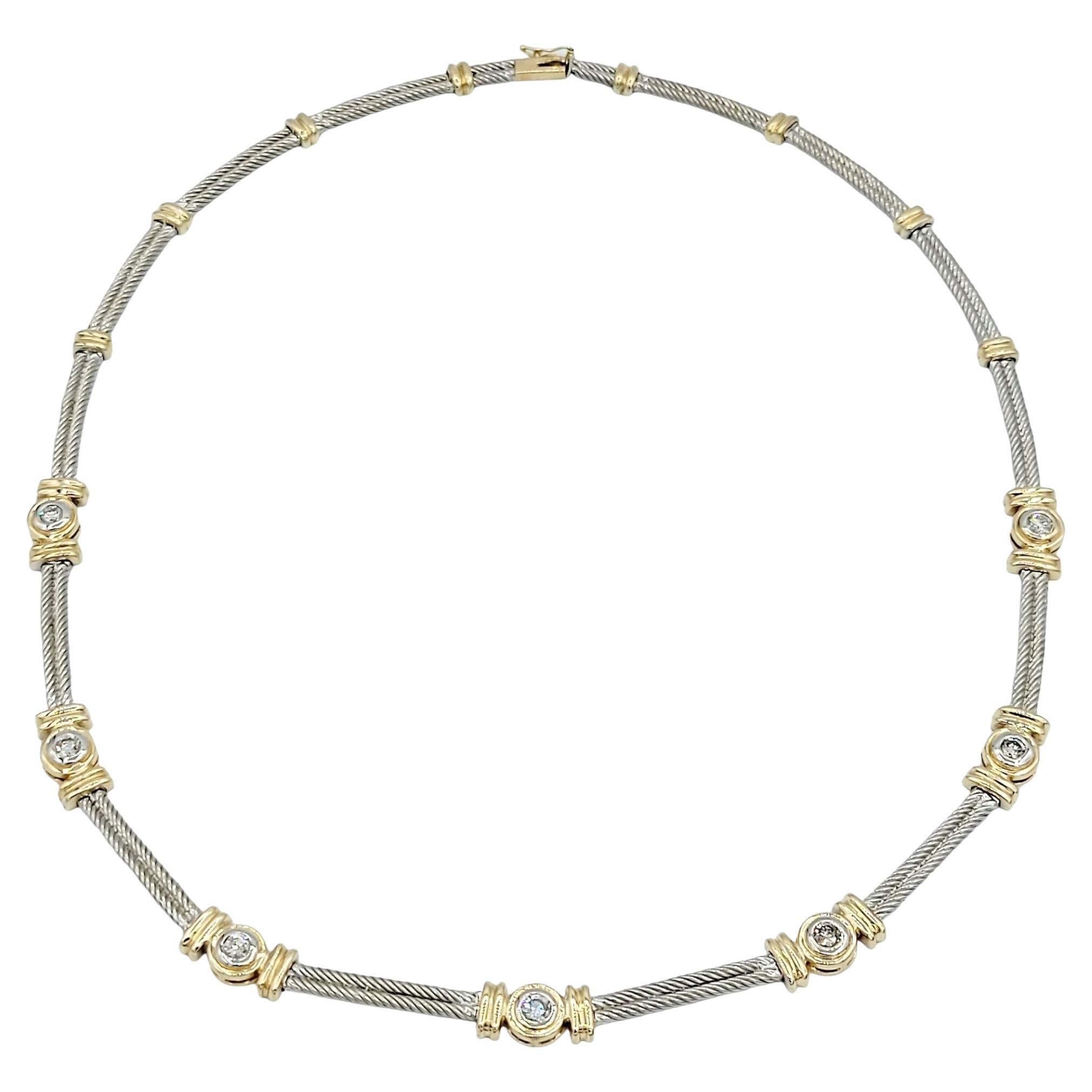 1.00 Carat Diamond Station Cable Link Necklace in 14 Karat White & Yellow Gold For Sale