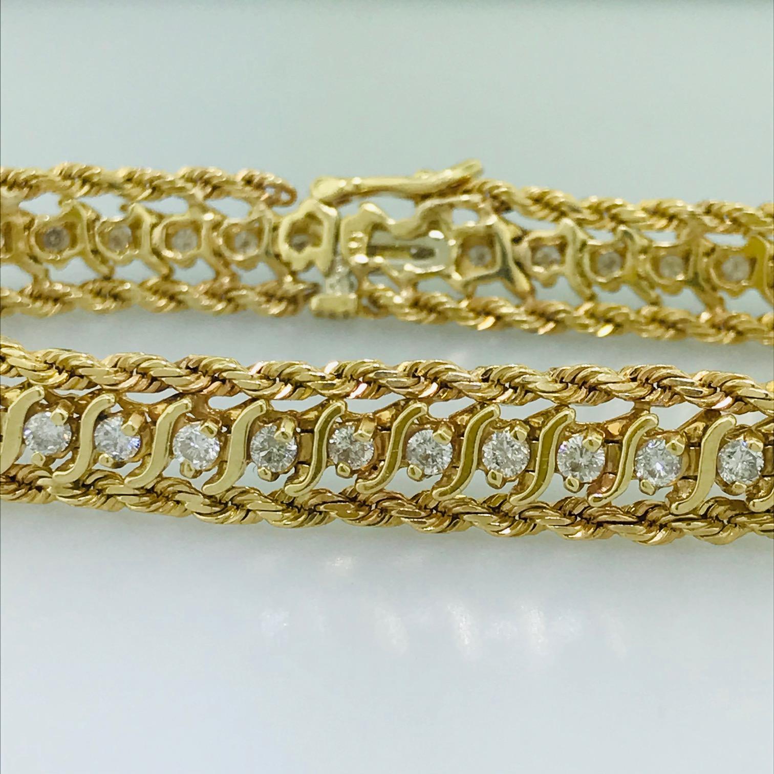 Artisan 1.00 Carat Diamond Tennis Bracelet with 14K Yellow Gold Rope Chain, F-G Color