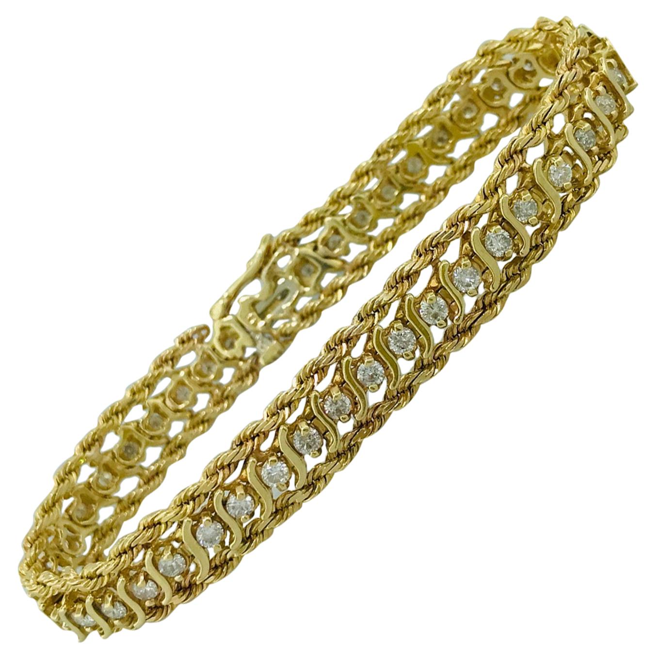 1.00 Carat Diamond Tennis Bracelet with 14K Yellow Gold Rope Chain, F-G Color