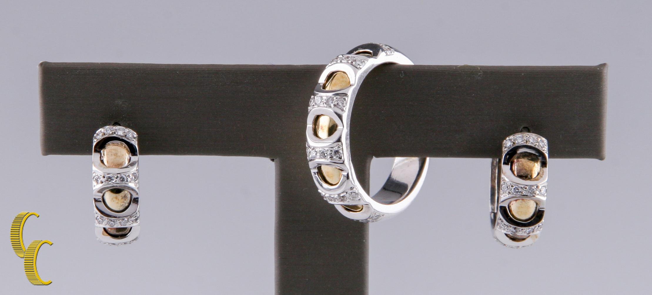 Gorgeous, Unique Two-Tone White and Yellow Gold Diamond Earrings and Ring Set
Design Features Internal Yellow Gold Band with External White Gold Casing Covered in Diamonds
Ring Size = 7
Width of Band = 5 mm
Diameter of Hoops = 17 mm
Width of Hoops =