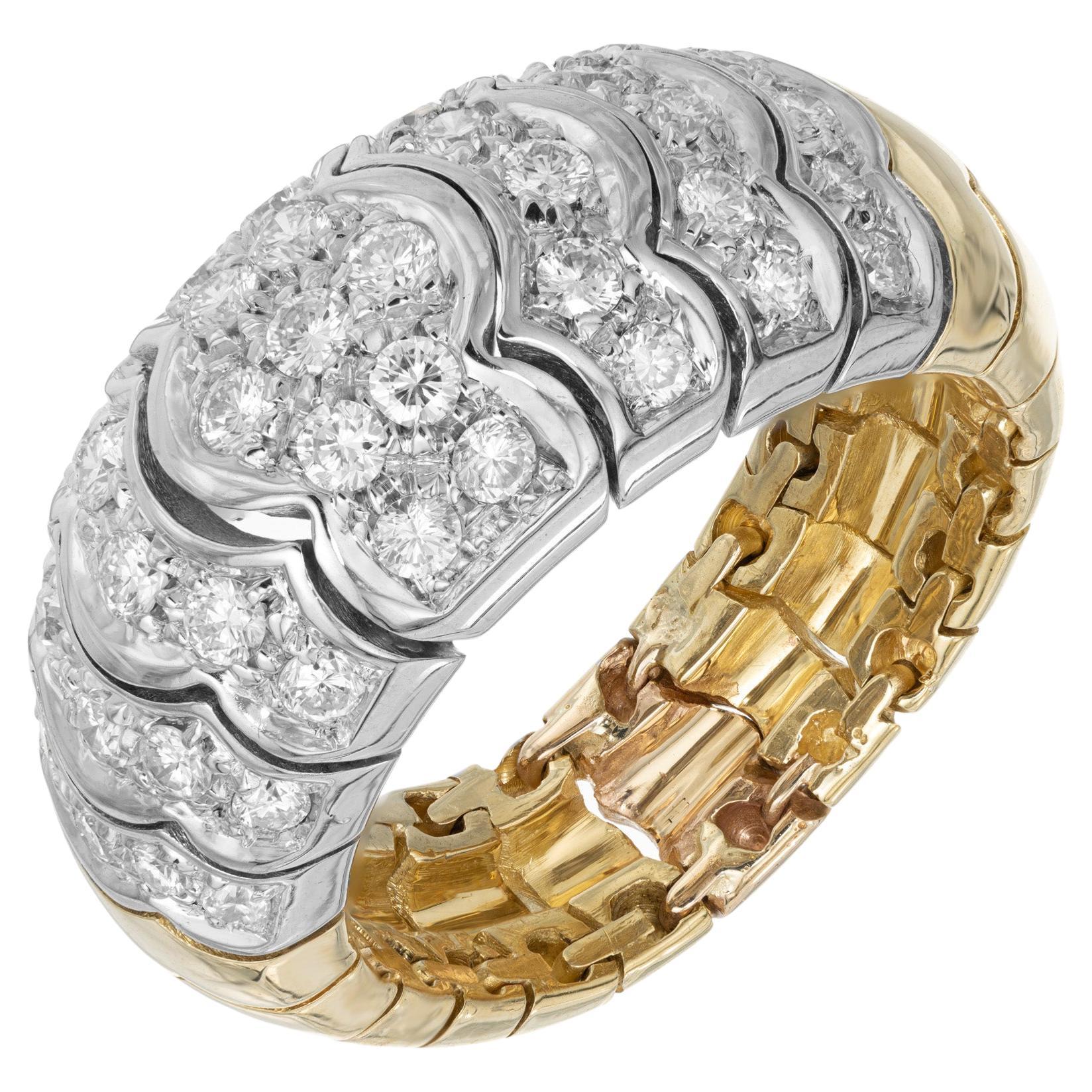 1.00 Carat Diamond Two Tone Gold Flexible Wave Link Band Ring