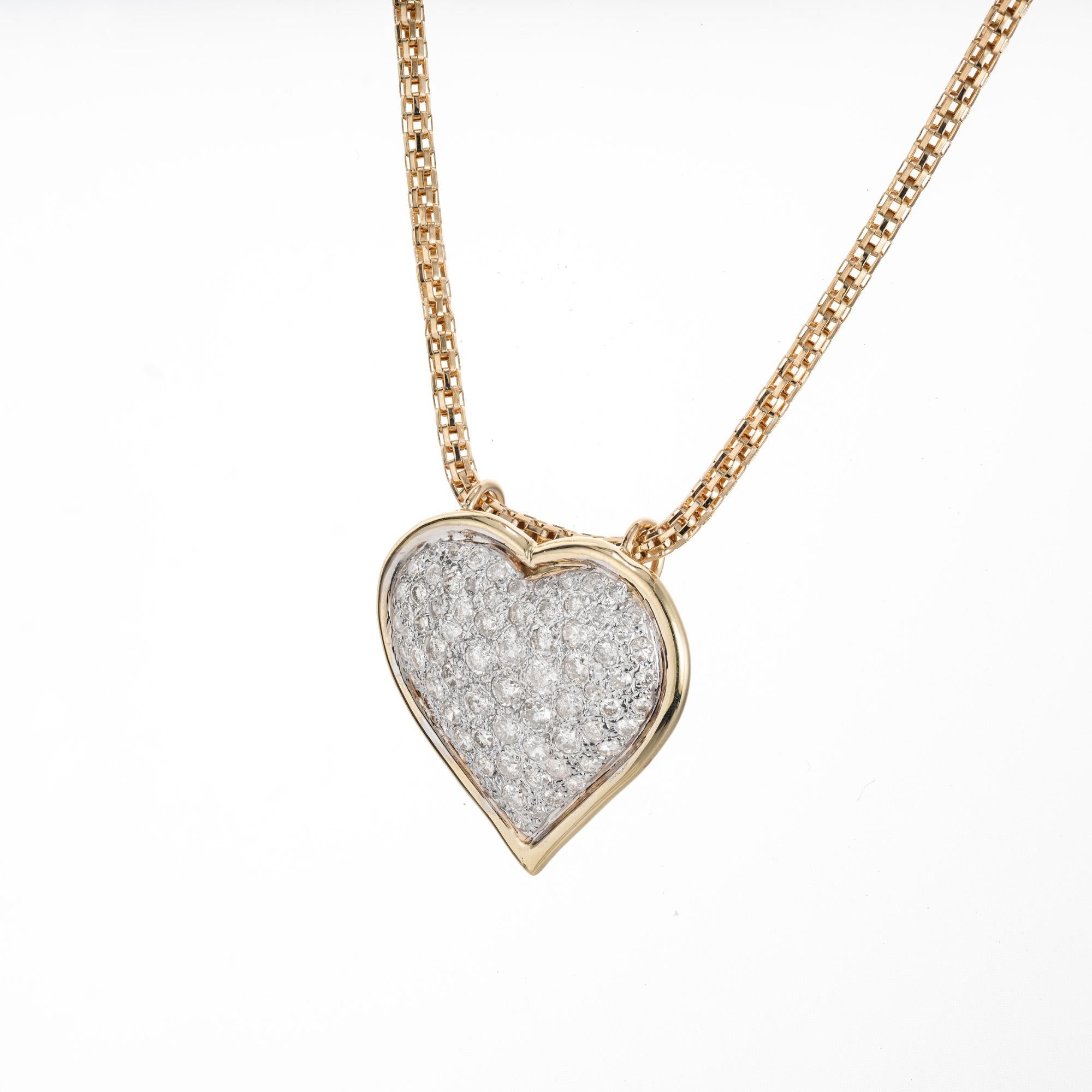 Round Cut 1.00 Carat Diamond Two Tone Gold Pave Heart Mid-Century Pendant Necklace  For Sale