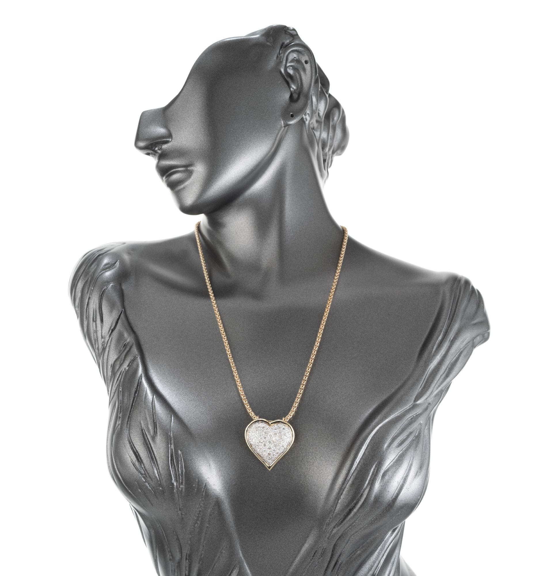 Women's or Men's 1.00 Carat Diamond Two Tone Gold Pave Heart Mid-Century Pendant Necklace  For Sale