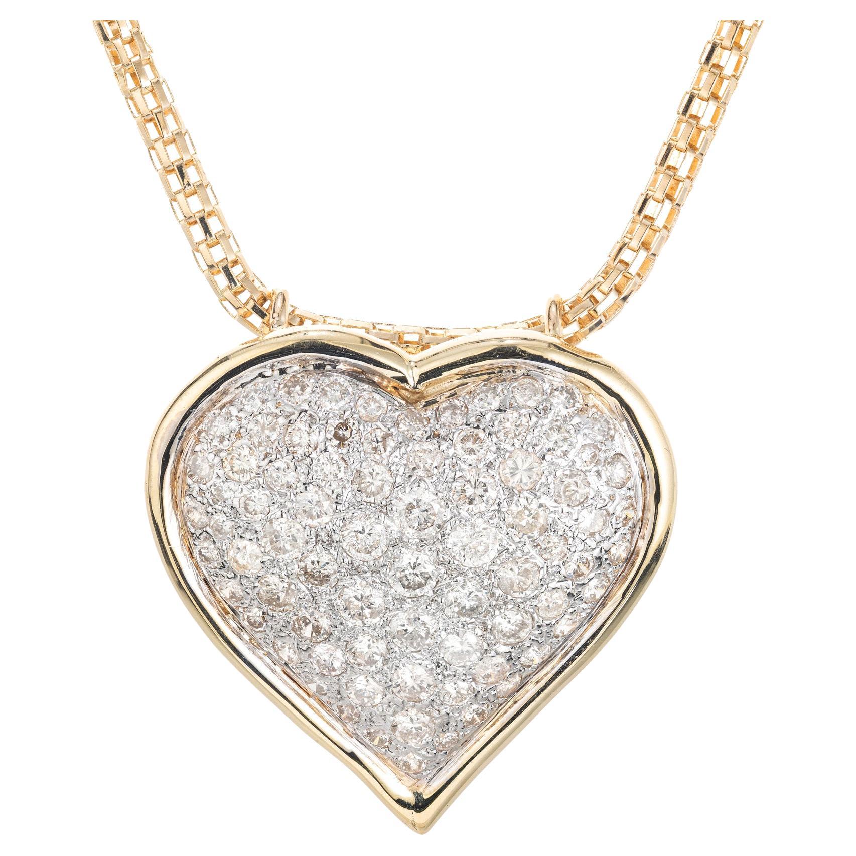 1.00 Carat Diamond Two Tone Gold Pave Heart Mid-Century Pendant Necklace  For Sale