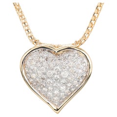 1.00 Carat Diamond Two Tone Gold Pave Heart Mid-Century Pendant Necklace 