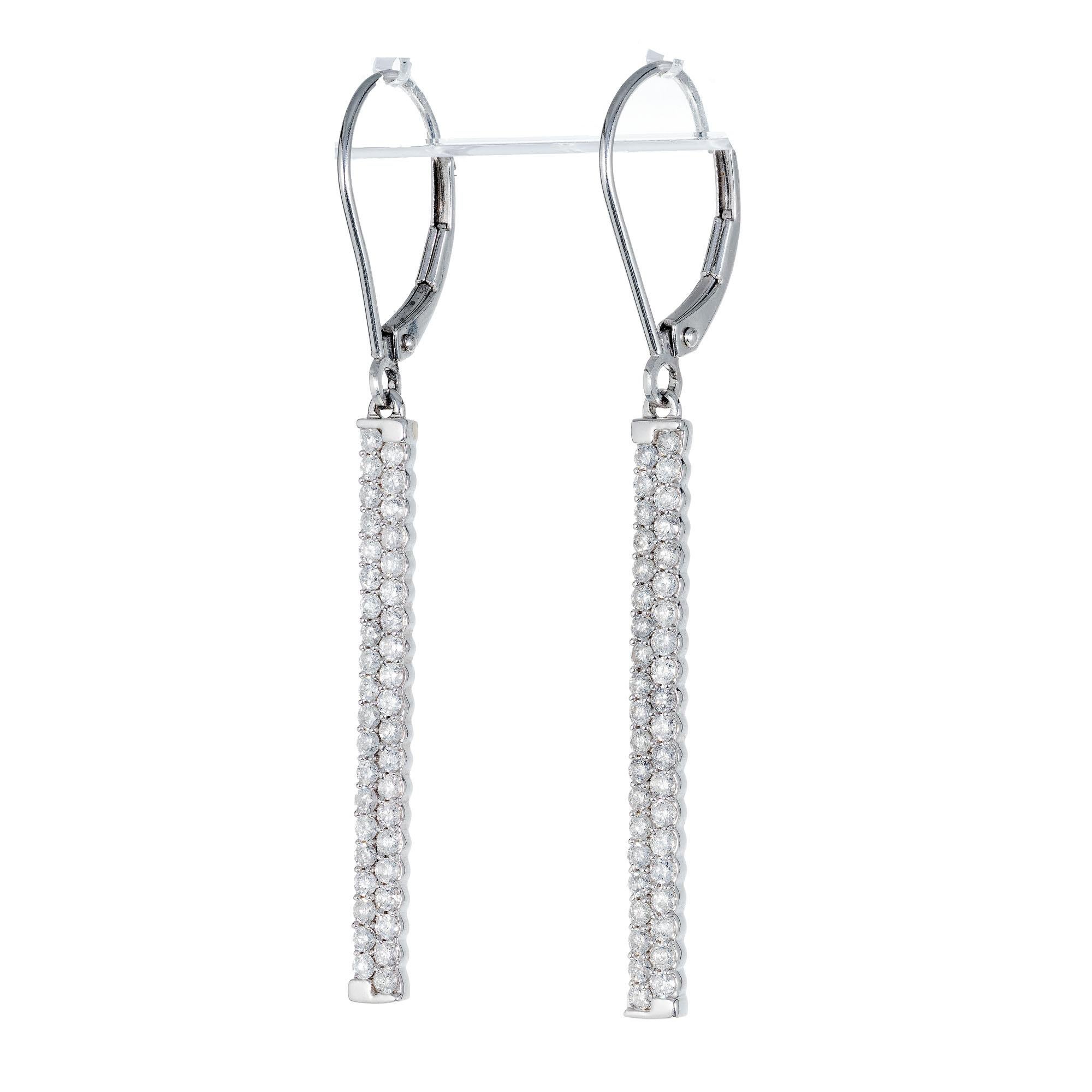 Two row bar style Diamond dangle earrings with secure Euro wire tops. 

80 round full cut Diamonds, approx. total weight 1.00cts, H, SI 
14k white gold
3.2 grams 
Tested and stamped: 14k 
Hallmark: FT 
Top to bottom: 50.8mm or 2.0 inches 
Width: