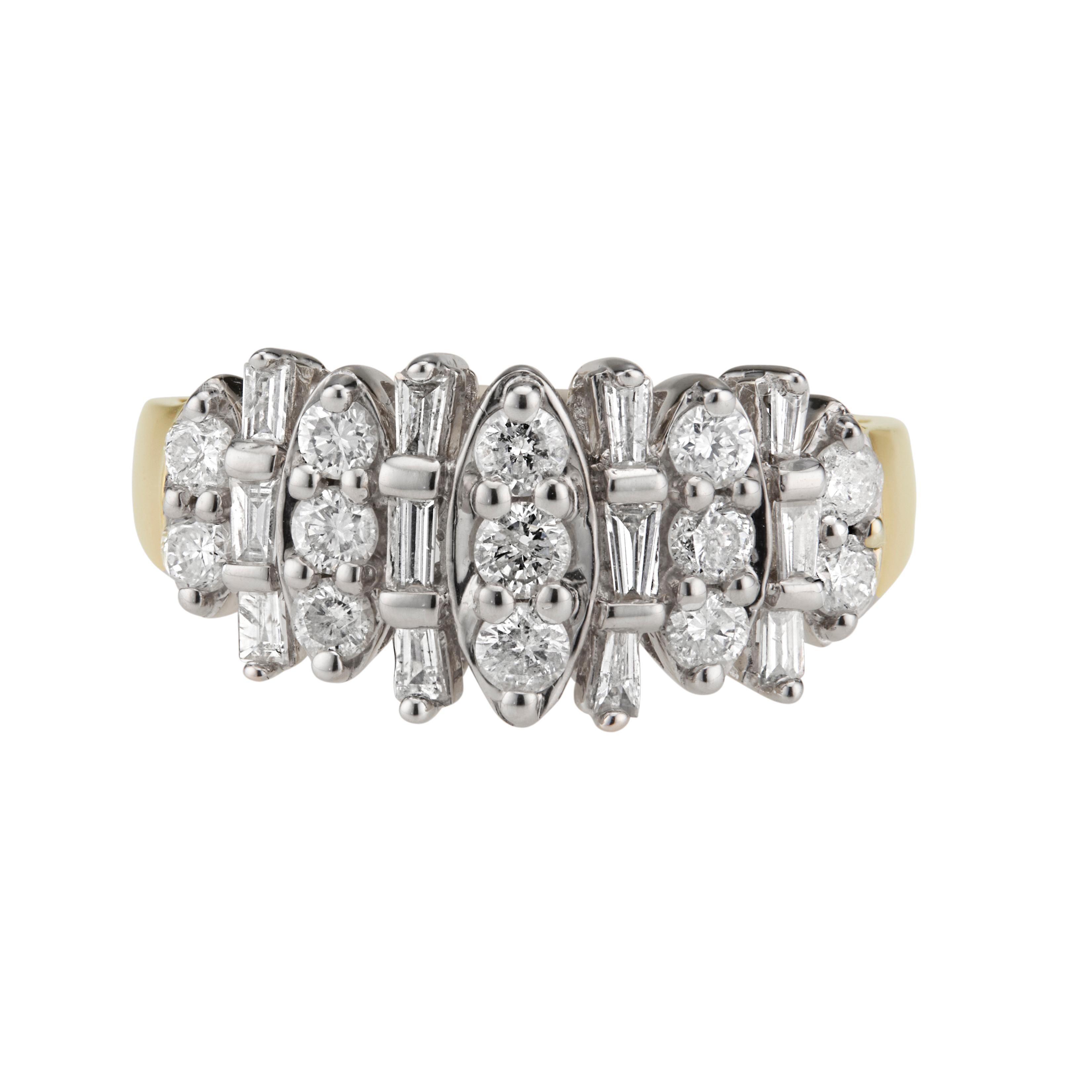 1980's diamond three row cocktail ring. 13 round diamonds with 12 step cut baguette diamonds a 10k white gold crown. 10 yellow shank.  

13 round diamonds, H-I I approx. .75cts
12 step cut baguette diamonds, H-I SI I approx. .25cts
Size 7 and