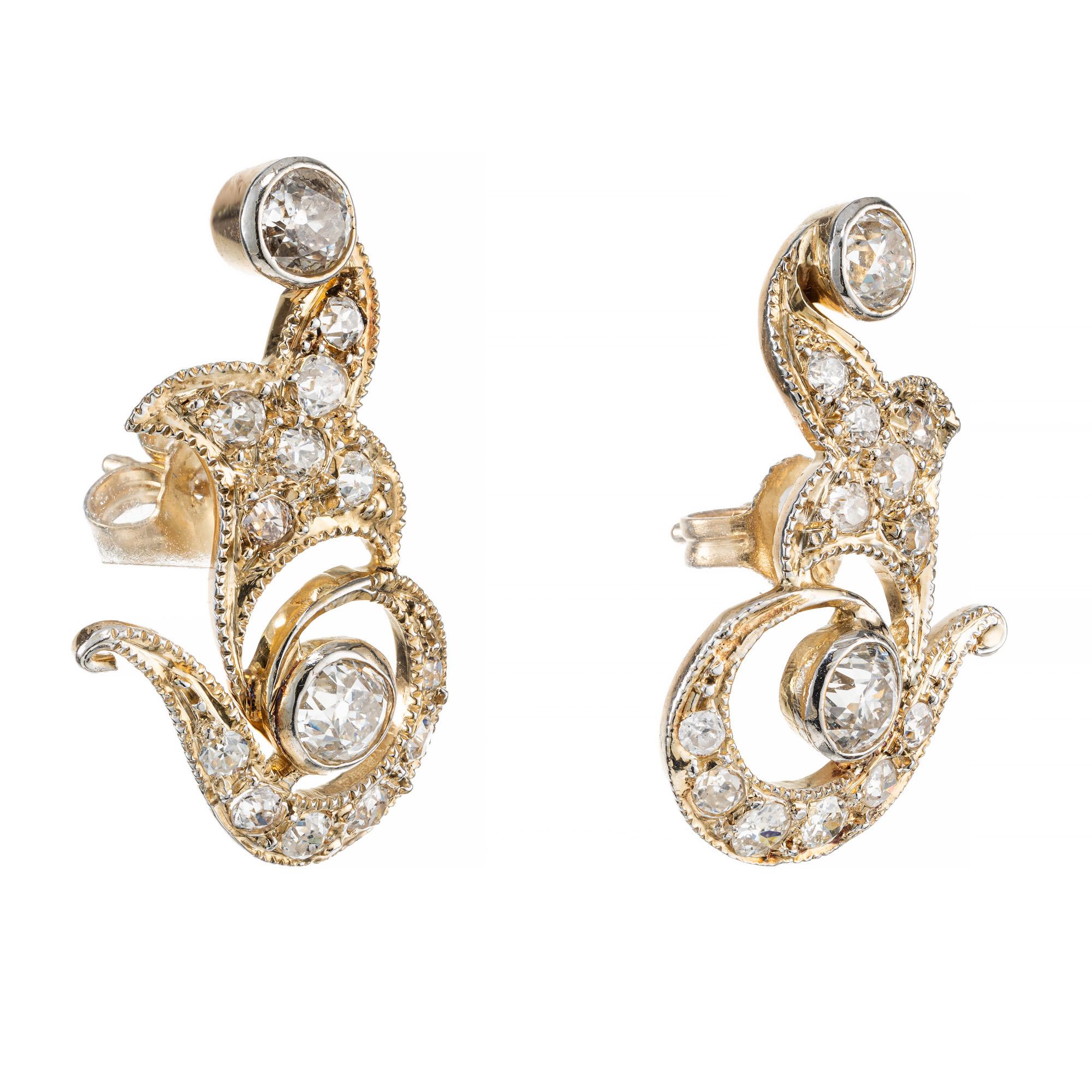 A step back in time. 28 wonderful old mine cut diamonds totaling 1.00cts set in handmade swirl earrings settings, Theses stunningly detailed earrings are crafted by old world workmanship. Circa 1890.

28 old mine cut diamonds, H-I SI I approx.