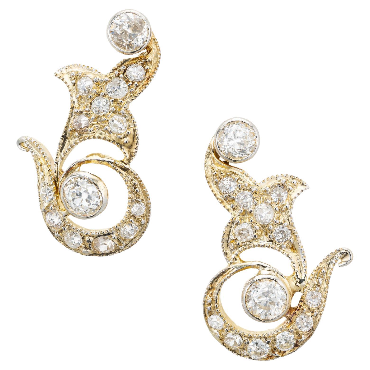 1.00 Carat Diamond Yellow Gold Swirl Earrings  For Sale