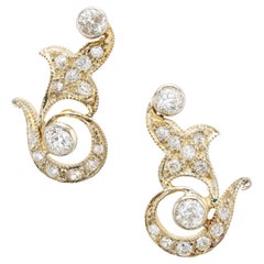 Antique 1.00 Carat Diamond Yellow Gold Swirl Earrings 