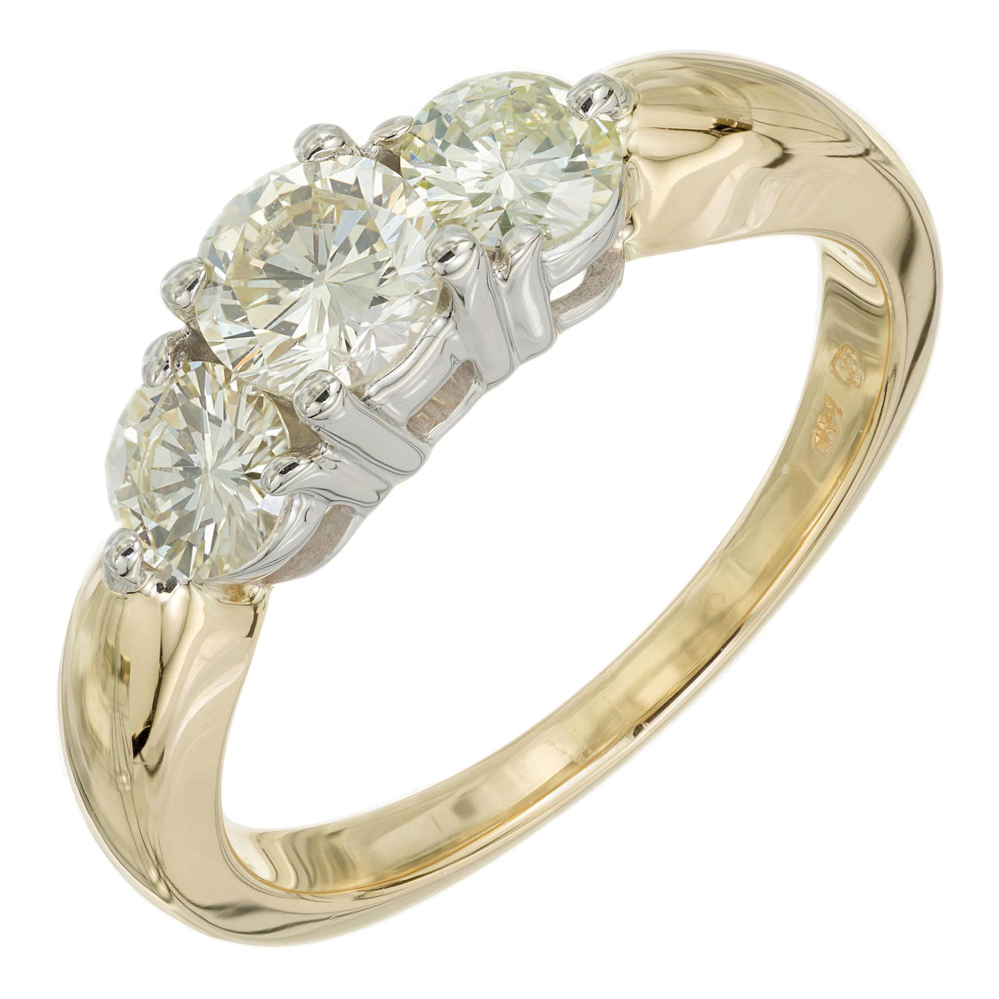 1.00 Carat Diamond Yellow White Gold Three-Stone Engagement Ring For Sale