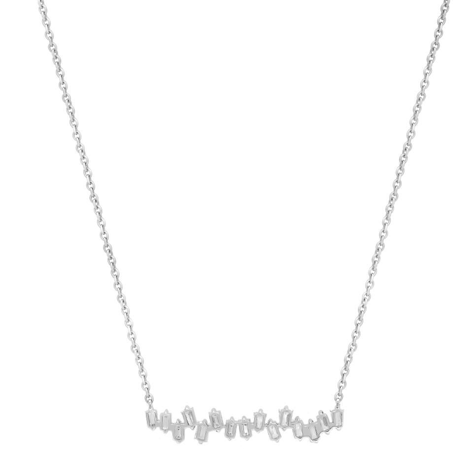 Introducing the stunning and modern Baguette Cut Diamond Zig-Zag Necklace in 18K White Gold . This beautifully crafted piece effortlessly combines elegance with contemporary design. The necklace features a scattered diamond pattern, showcasing 1.00