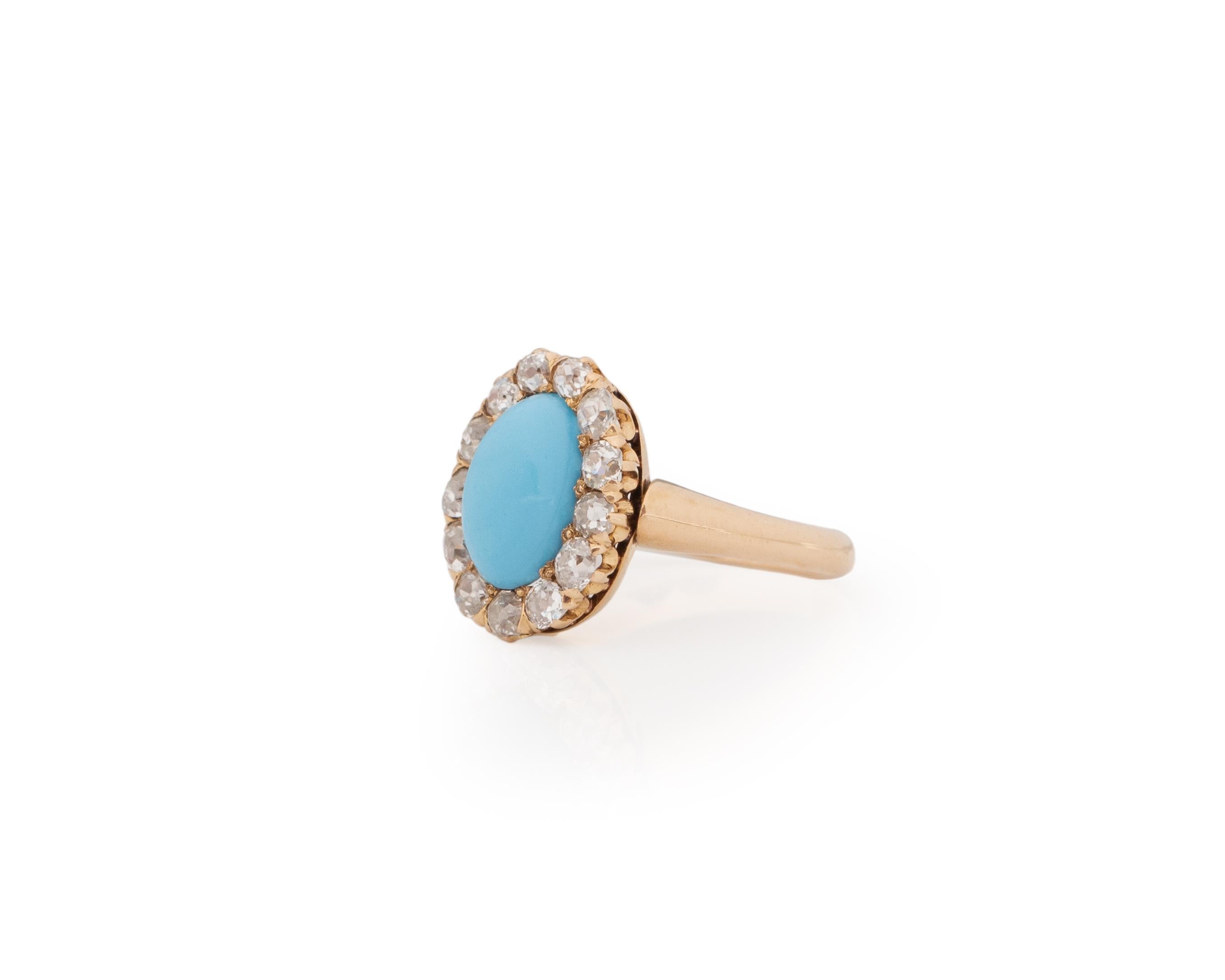 Ring Size: 4.5
Metal Type: 18c Yellow Gold [Hallmarked, and Tested]
Weight: 3.2 grams

Center Stone Details:
Type: Natural Turquoise
Weight: 1.00ct
Cut: Oval Cabochon
Color: Light Blue
Measurements: 9.0mm x 5.5mm

Finger to Top of Stone Measurement: