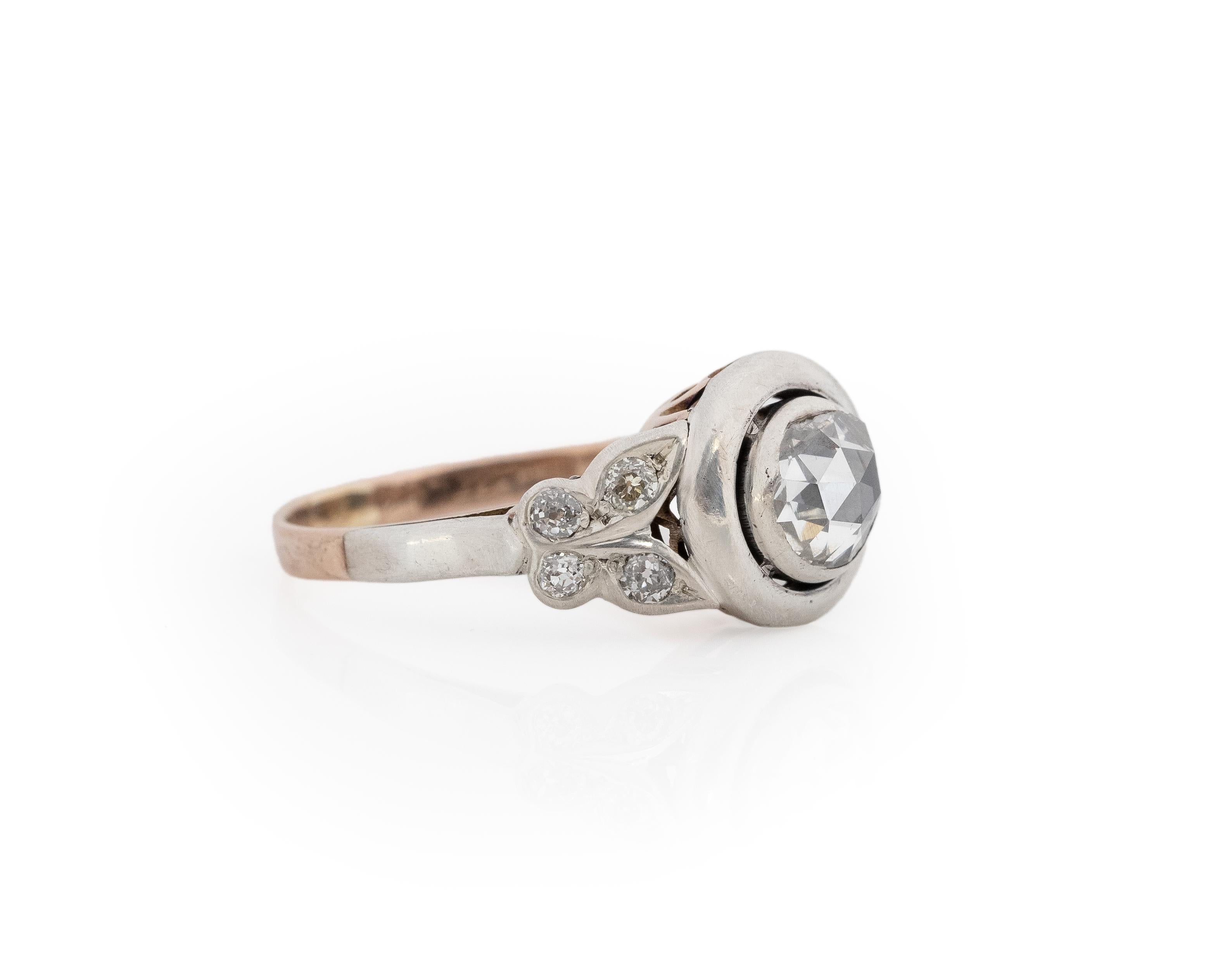 Year: 1900s

Item Details:
Ring Size: 7.5
Metal Type: 14K Rose Gold and Platinum Top [Hallmarked, and Tested]
Weight: 3.7 grams

Center Diamond Details:
Weight: 1.00ct total weight
Cut: Antique Rose Cut
Color: J
Clarity: SI2
Type: Natural

Side