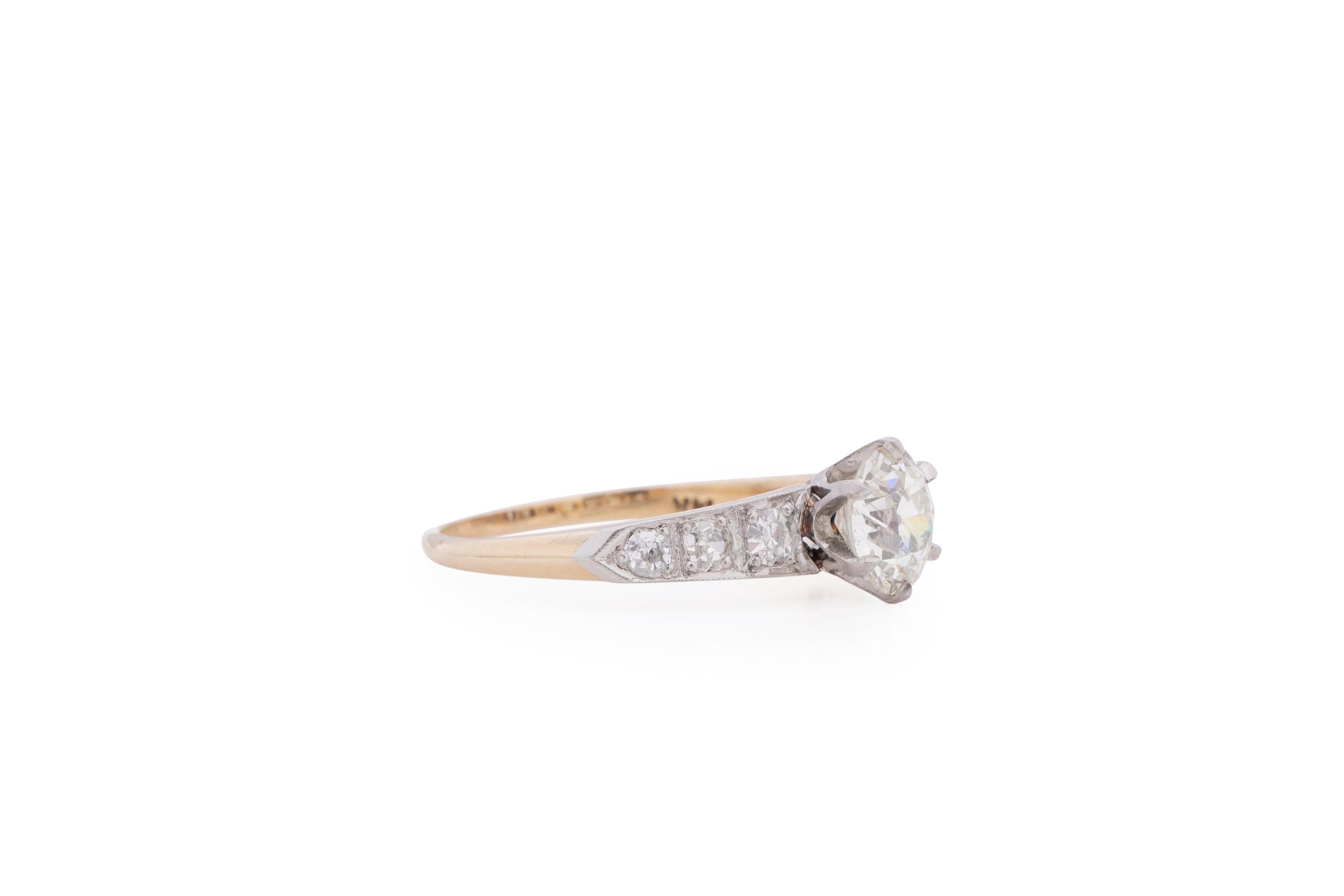 Item Details: 
Ring Size: 6.75
Metal Type: 14 Karat Yellow Gold & Platinum [Hallmarked, and Tested]
Weight: 2.3 grams

Center Diamond Details:
Weight: 1.00 carat
Cut: Old European brilliant
Color: L/M
Clarity: VS2
Measurements: 6.4mm x 4mm

Side