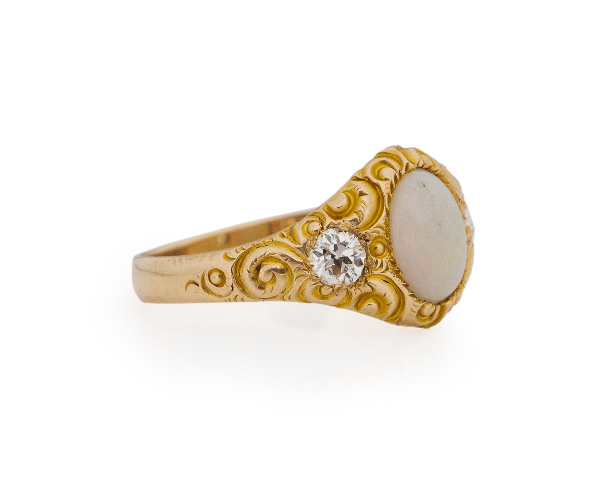 Ring Size: 7
Metal Type: 14Karat Yellow Gold [Hallmarked, and Tested]
Weight: 2.0 grams

Center Stone Details:
Weight: 1.00carat
Cut: Oval, Cabachon
Color: Mixed Colors
Type: Opal, Natural

Side Stone Details:
Weight: .30carat, total weight
Cut: