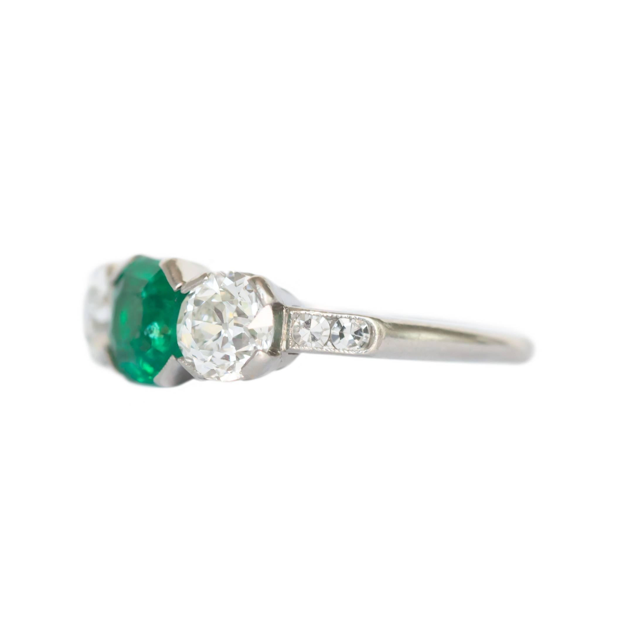 Item Details: 
Ring Size: 5.25
Metal Type: Platinum
Weight: 3.6 grams

Center Color Stone Details: 
Type: Natural Colombian Emerald, No oil treatment
Shape: Octagon
Carat Weight: 1.00 carat, total weight.
Color: Natural Emerald 

Two Side Diamond