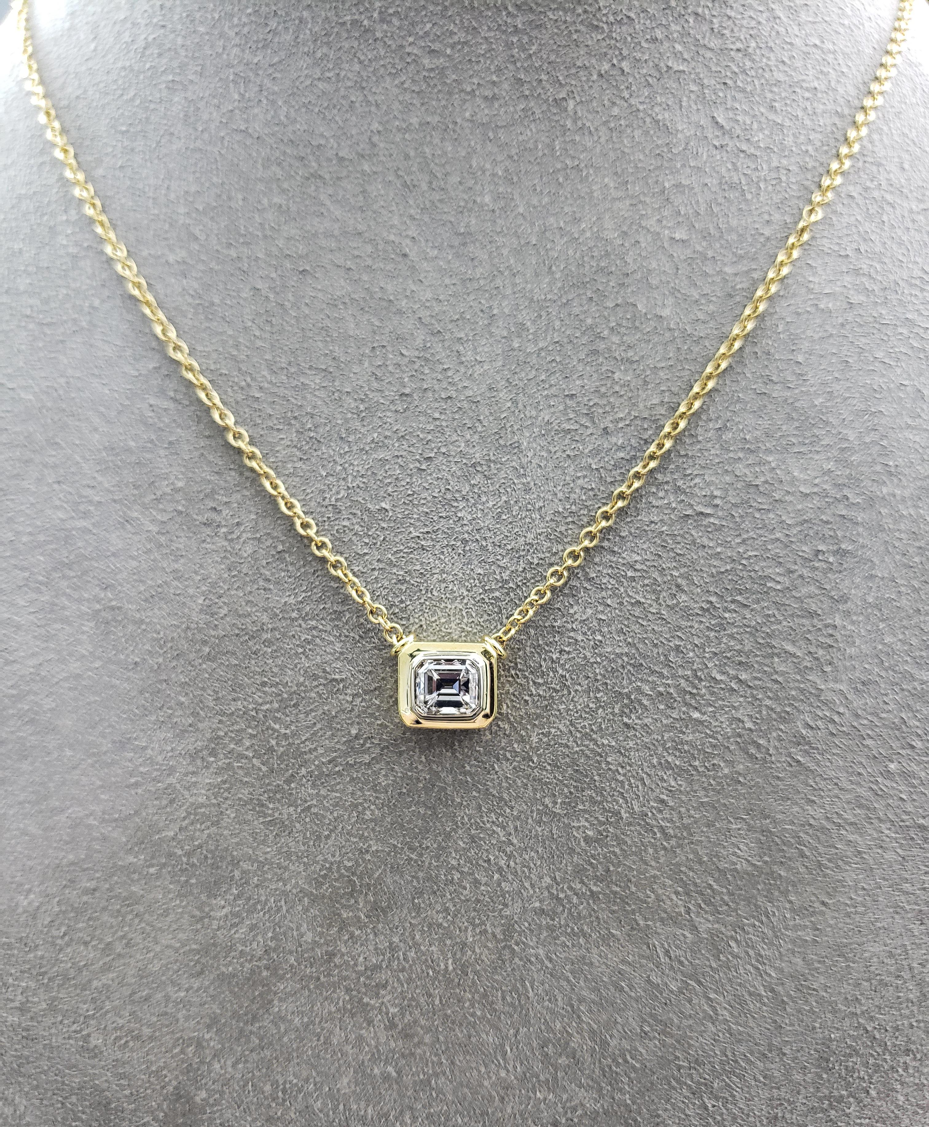 1.00 Carats Emerald Cut Diamond Bezel Set Yellow Gold Pendant Necklace 1