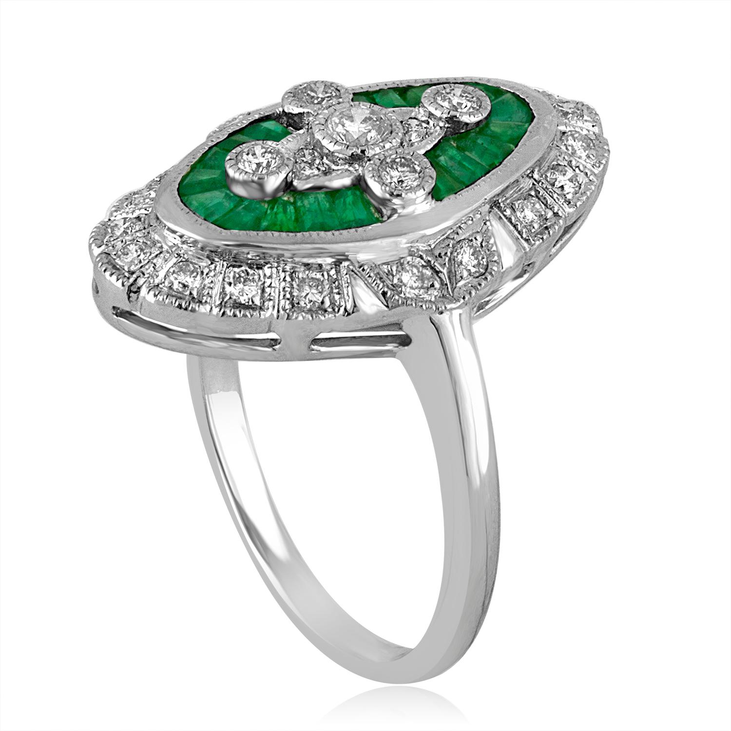 Art Deco Revival Style Ring
The ring is 18K White Gold
There are 0.50 Carats in Diamonds G SI
There are 0.50 Carats in Emeralds.
The ring is a size 6.75, sizable.
The ring weighs 5.4 grams