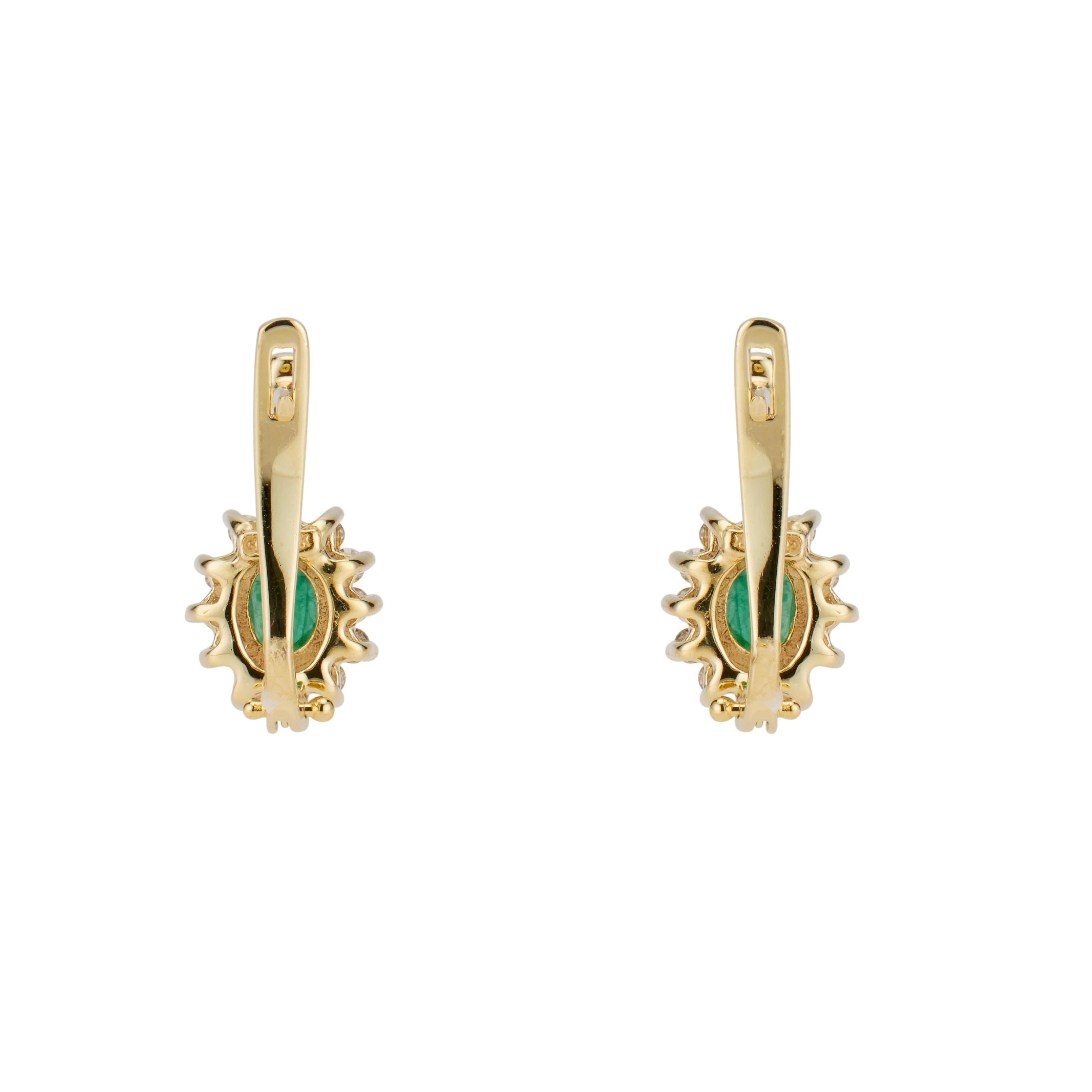 Oval Cut 1.00 Carat Emerald Diamond Lever Back Yellow Gold Earrings For Sale