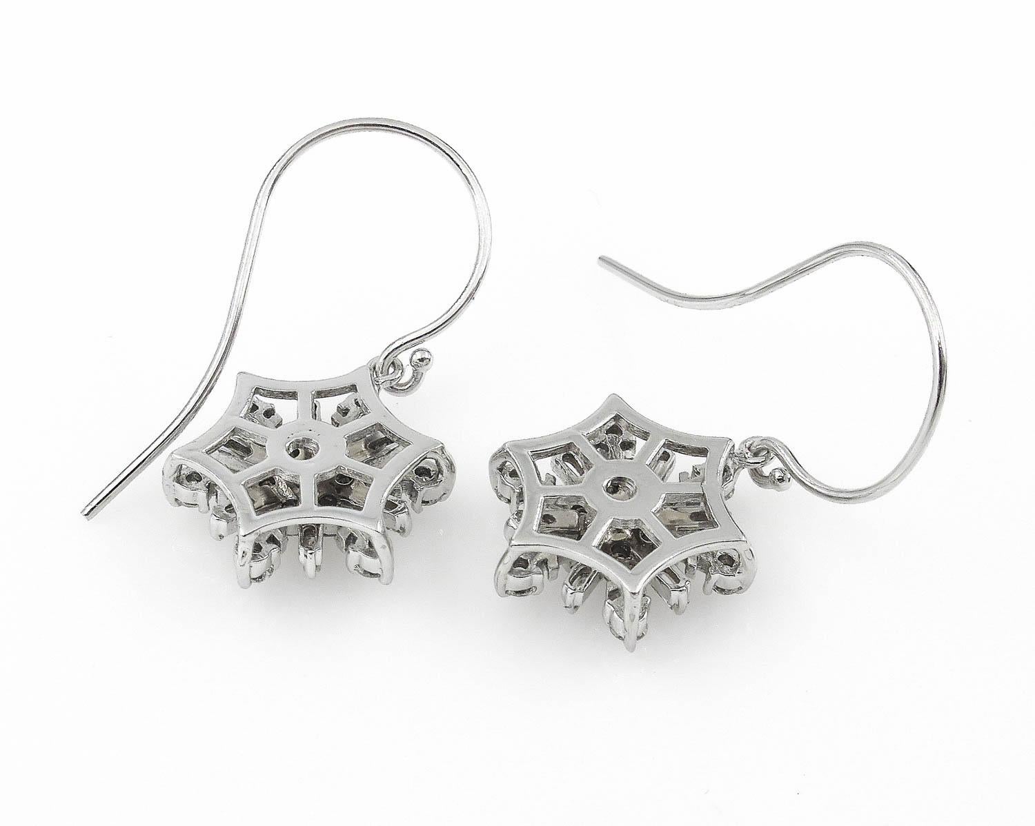 1.00 Carat Estate Vintage Diamond Snowflake Drop Earrings 14 Karat White Gold 1