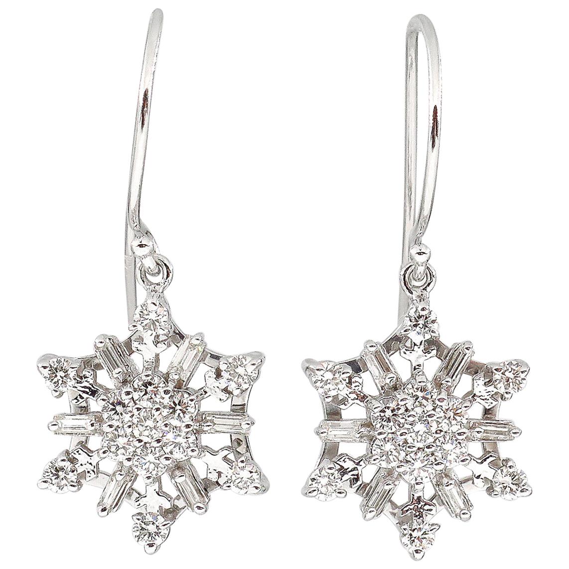 1.00 Carat Estate Vintage Diamond Snowflake Drop Earrings 14 Karat White Gold