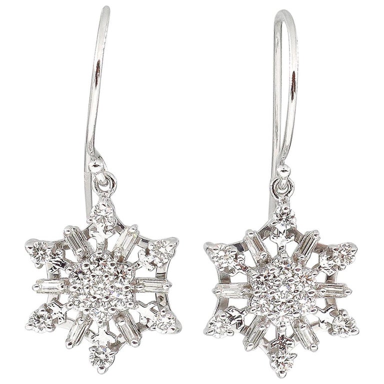 1.00 Carat Estate Vintage Diamond Snowflake Drop Earrings 14 Karat