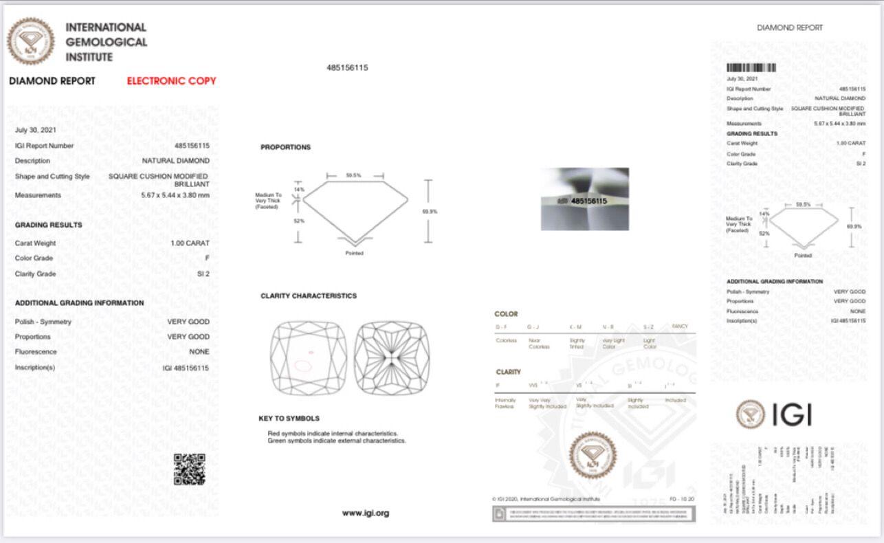 1.00 Carat Cushion cut diamond SI2 Clarity IGI Certified For Sale 2