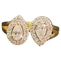 1.00 Carat F/VS1 Twin Pear Round Shape Halo Diamonds Ring in 18K Yellow Gold