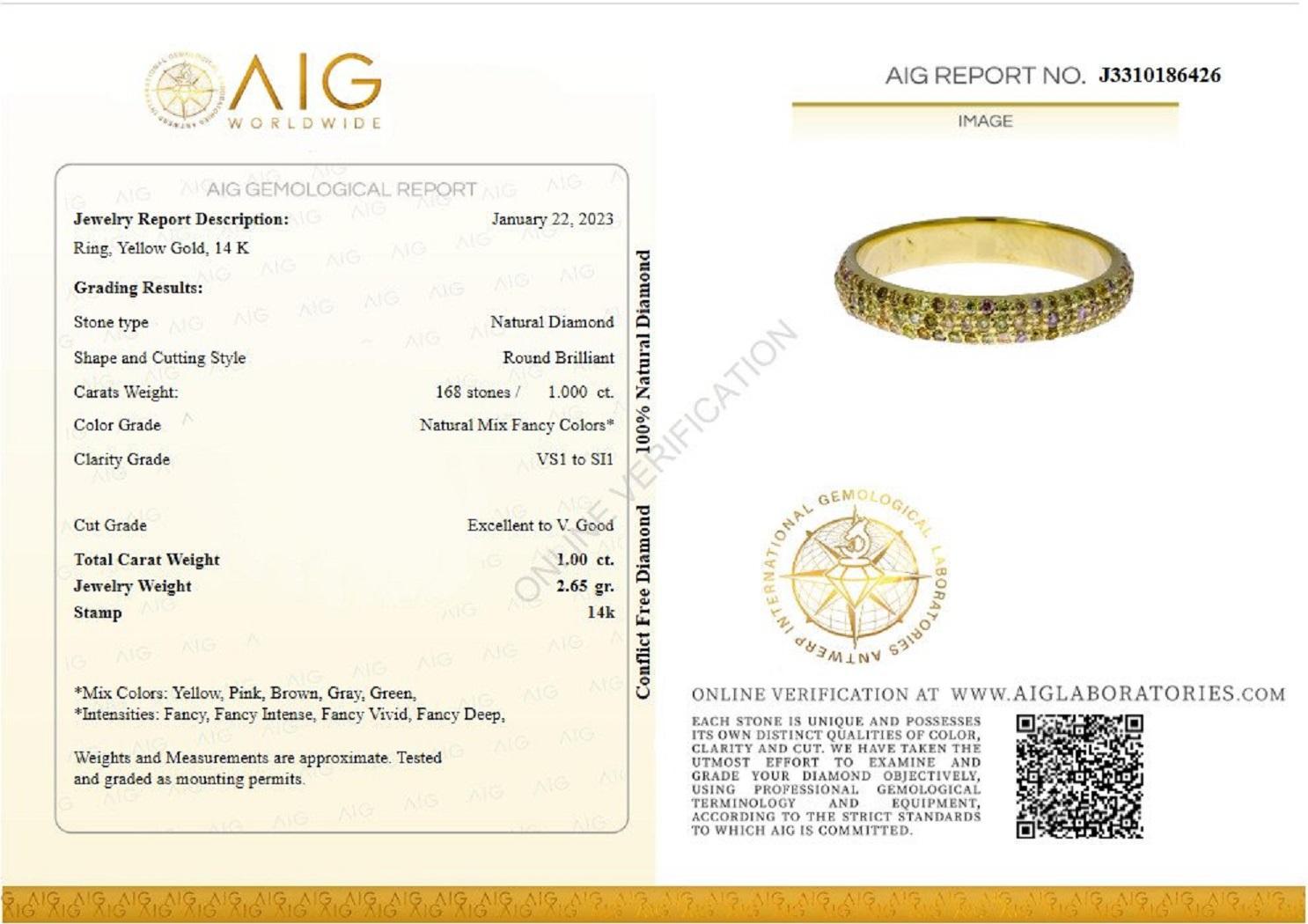 ** In Hong Kong and the USA the VAT is 0%.

Center Stone:
___________
Natural Diamond
Cut: Round Brilliant Cut
Carat: 1.00 cttw / 168 stones
Color: Natural Fancy Mix Colors
Clarity: VS1 to SI1

Item ships from Israeli Diamonds Exchange, customers