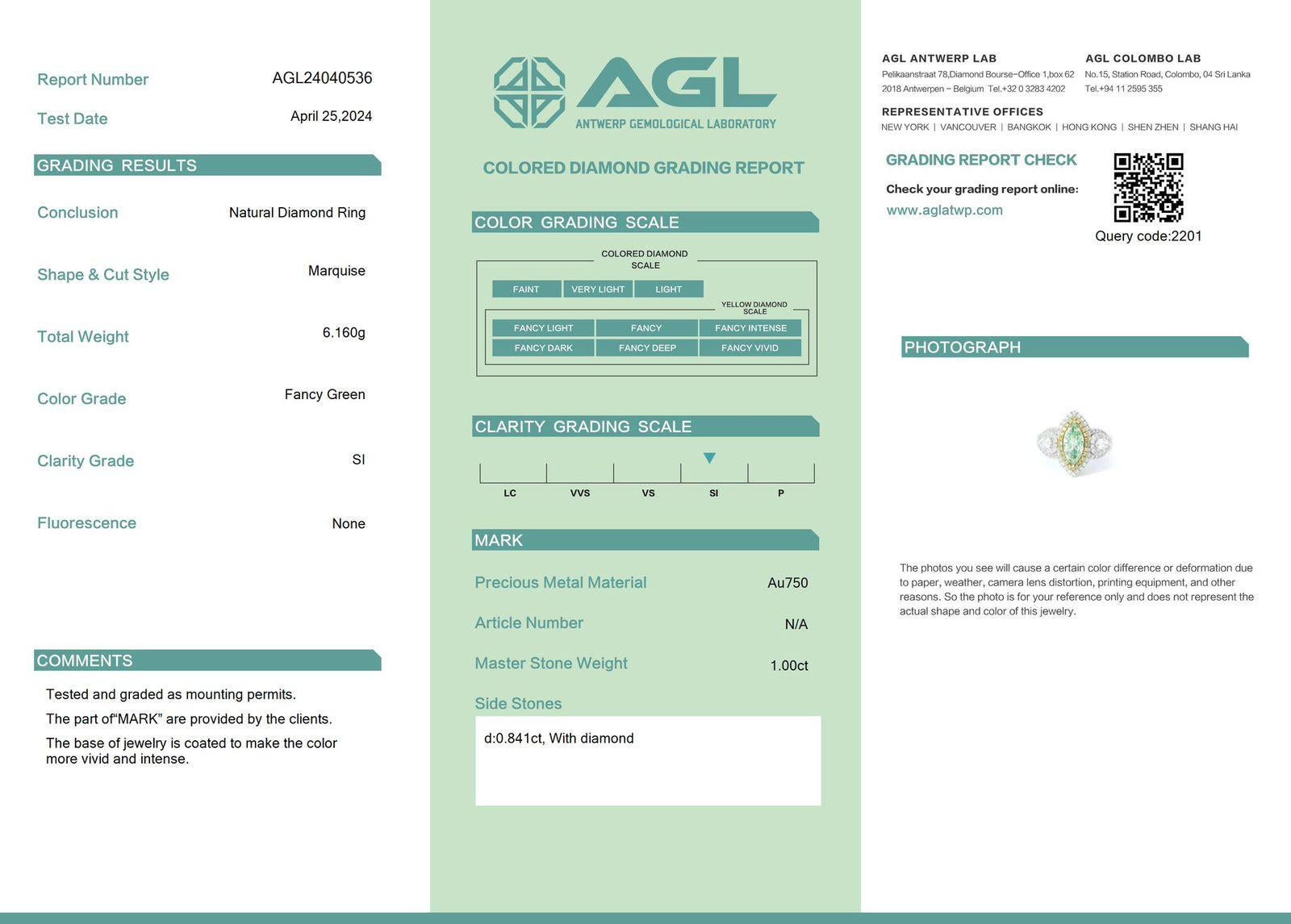 1.00 Karat Ausgefallener grüner Diamantring SI Reinheit AGL zertifiziert im Angebot 1