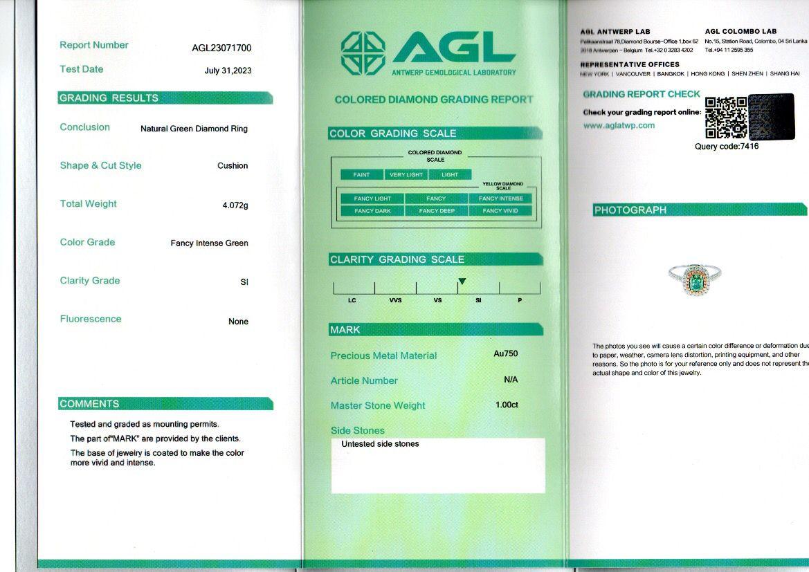 1.00 Carat Fancy Intense Green Diamond Ring SI Clarity AGL Certified For Sale 8