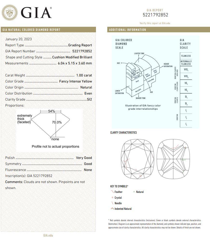 Women's or Men's 1.00 Carat Fancy Intense Yellow Cushion cut diamond SI2 Clarity GIA Certified For Sale