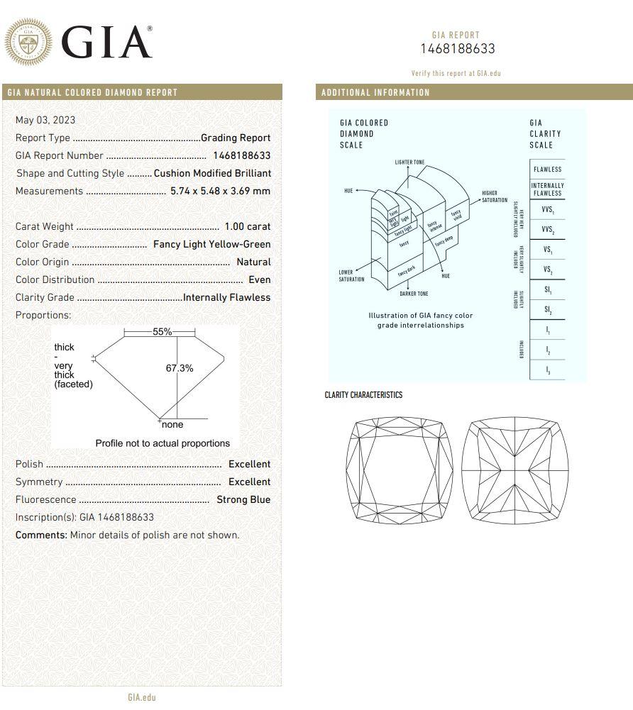1.00 Carat Fancy Light Yellow Green Cushion cut diamond IF Clarity GIA Certified For Sale 2