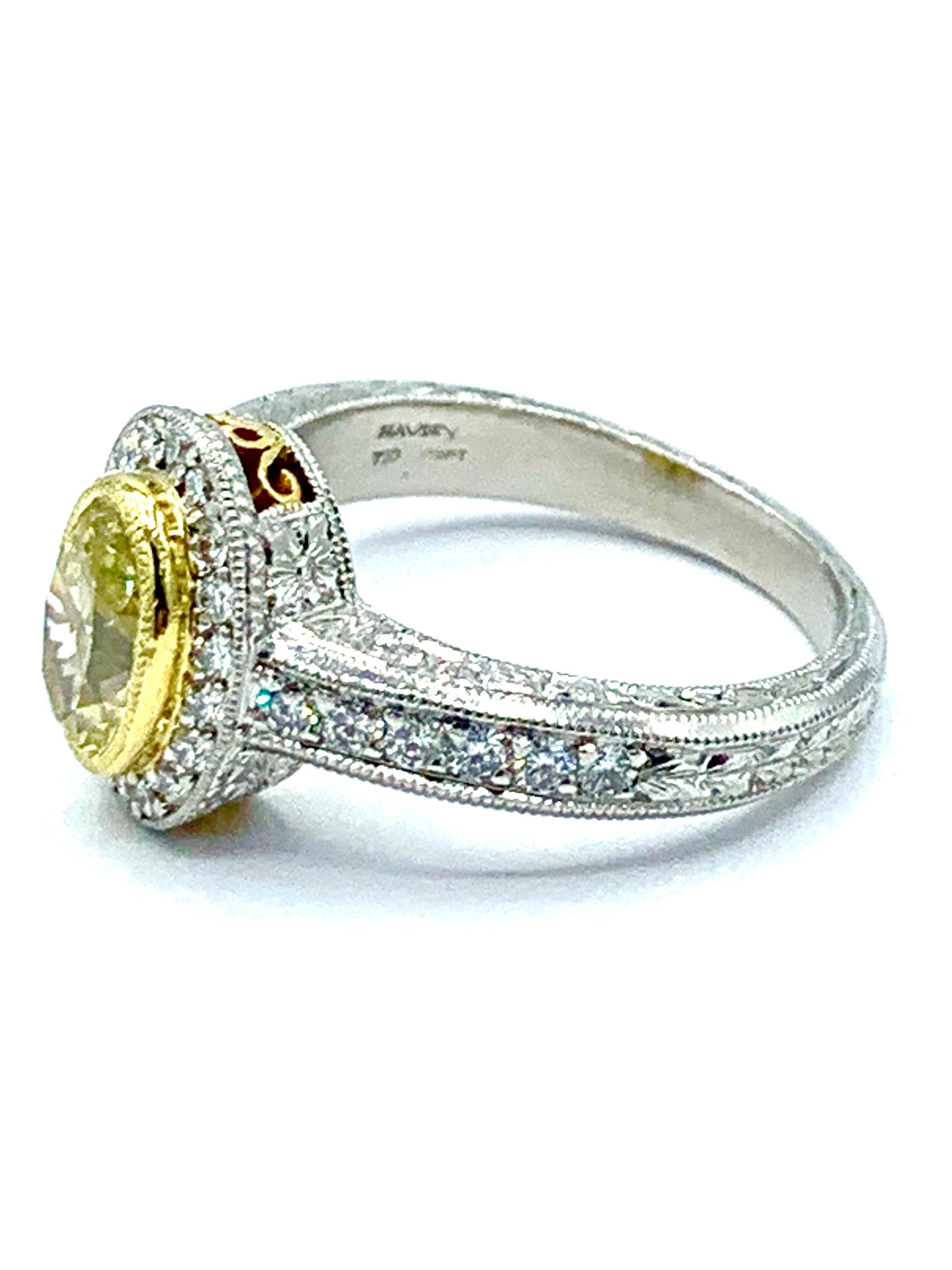Women's or Men's 1.00 Carat Fancy Yellow Oval Diamond Platinum and Yellow Gold Engagement Ring