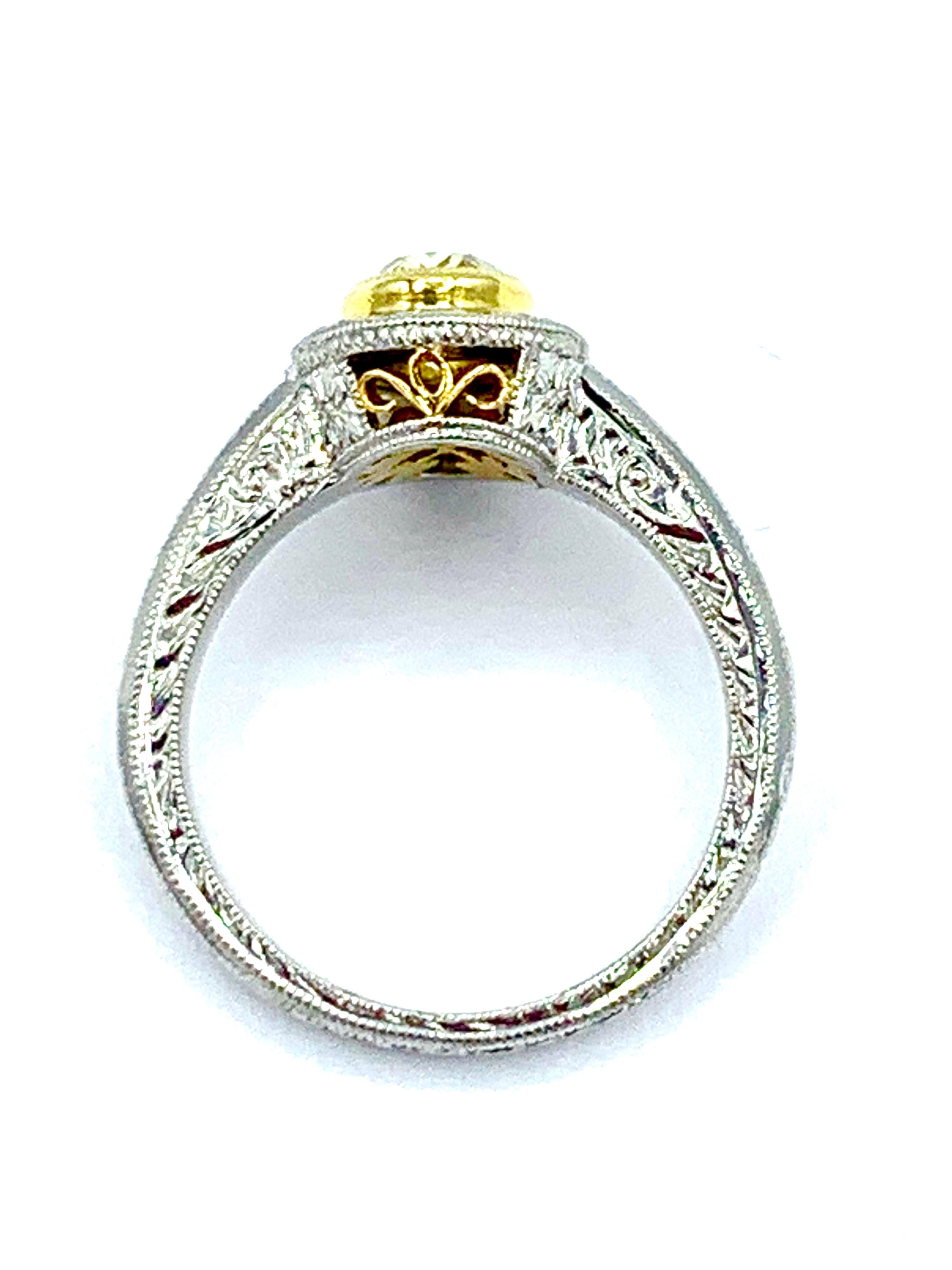 1.00 Carat Fancy Yellow Oval Diamond Platinum and Yellow Gold Engagement Ring 2