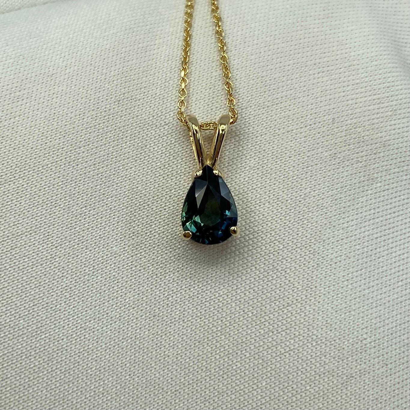 1.00 Carat Fine Green Blue Sapphire Pear Teardrop Cut Yellow Gold Pendant For Sale 5