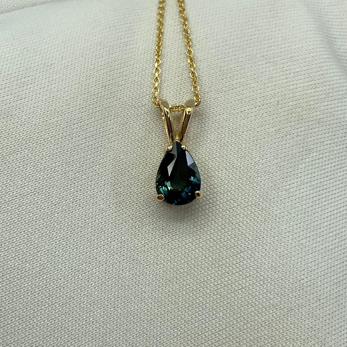 1.00 Carat Fine Green Blue Sapphire Pear Teardrop Cut Yellow Gold Pendant For Sale 6