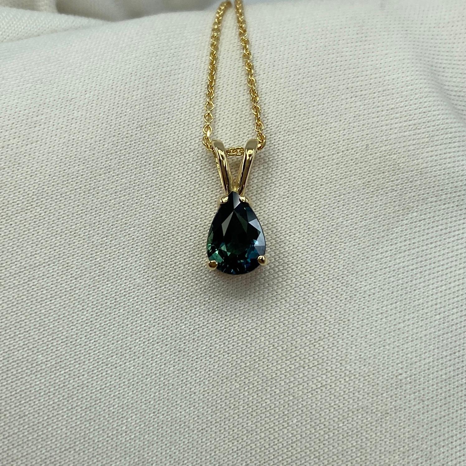 1.00 Carat Fine Green Blue Sapphire Pear Teardrop Cut Yellow Gold Pendant For Sale 7