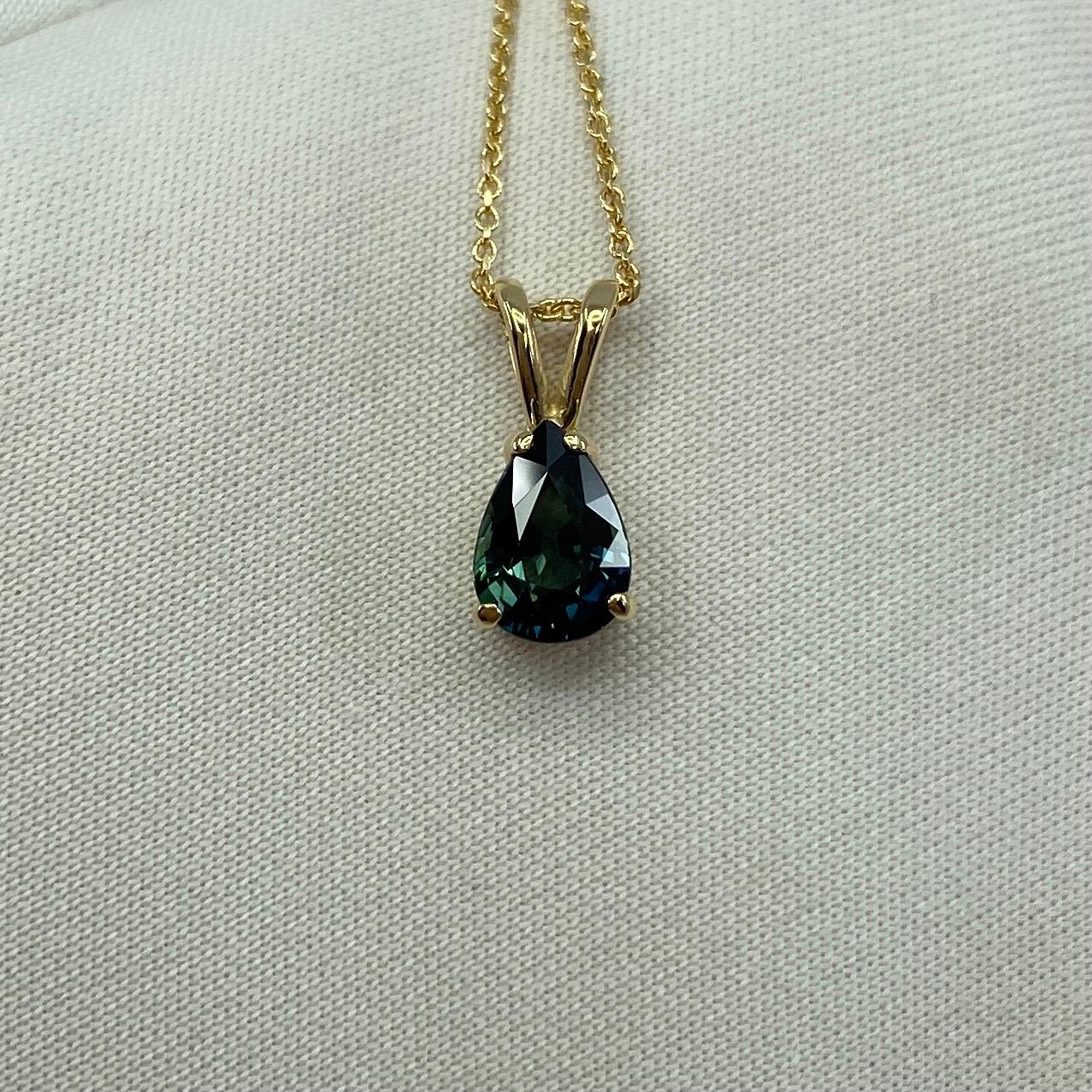 Fine Deep Green Blue Ceylon Sapphire Solitaire Pendant.

1.00 Carat sapphire with a stunning deep green blue colour and an excellent pear/teardrop cut. Also has excellent clarity, very clean stone with some small natural inclusions visible when