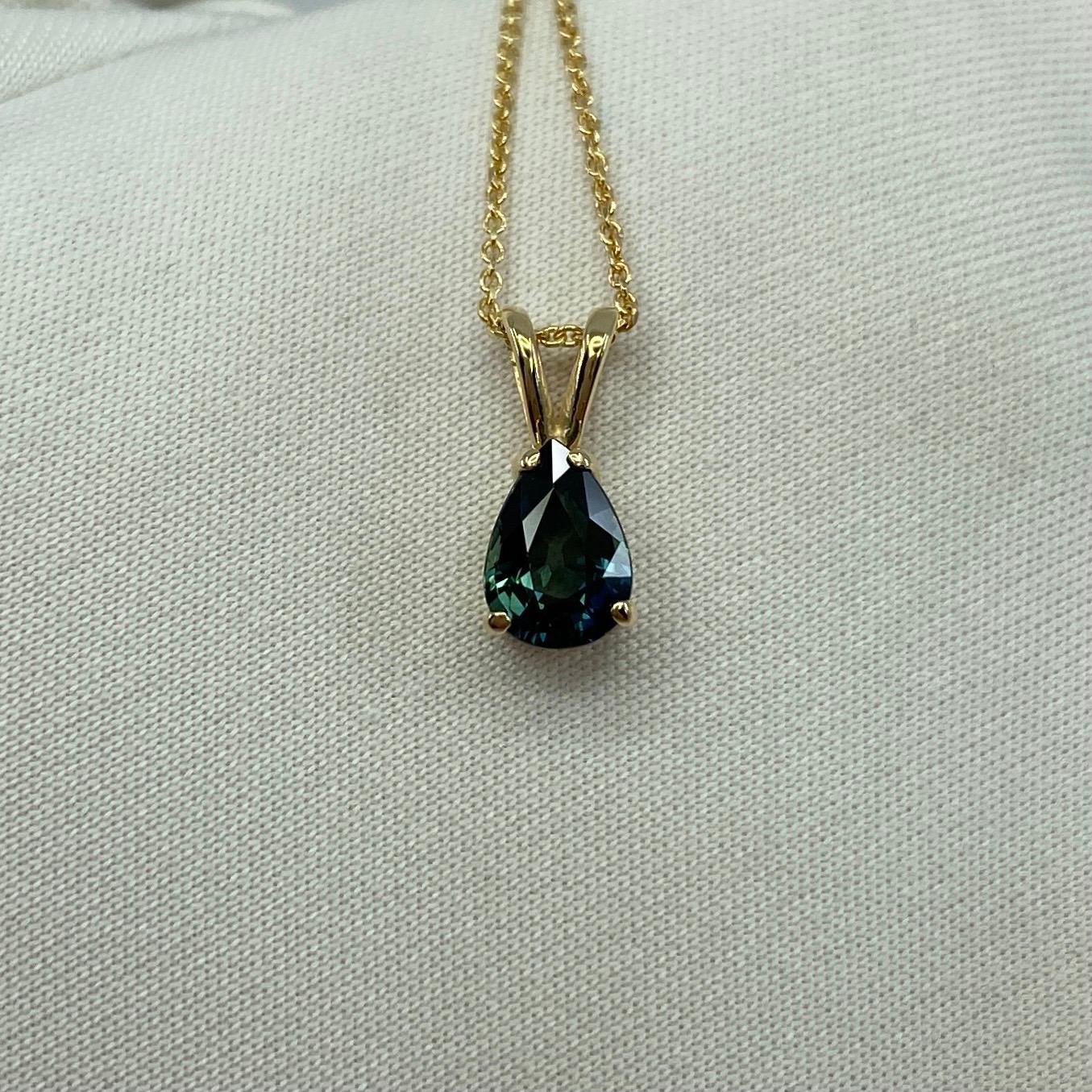 1.00 Carat Fine Green Blue Sapphire Pear Teardrop Cut Yellow Gold Pendant For Sale 3