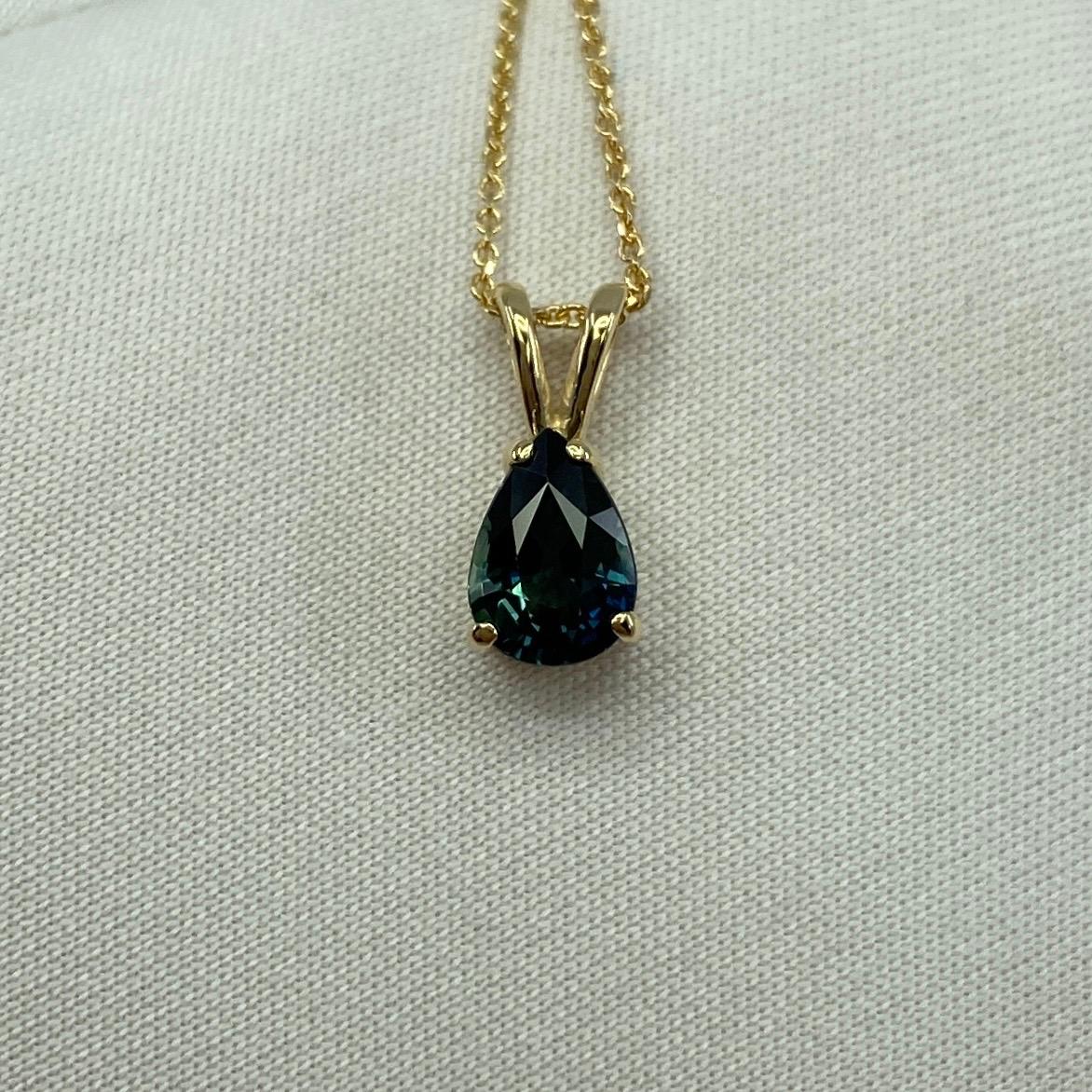 1.00 Carat Fine Green Blue Sapphire Pear Teardrop Cut Yellow Gold Pendant For Sale 4