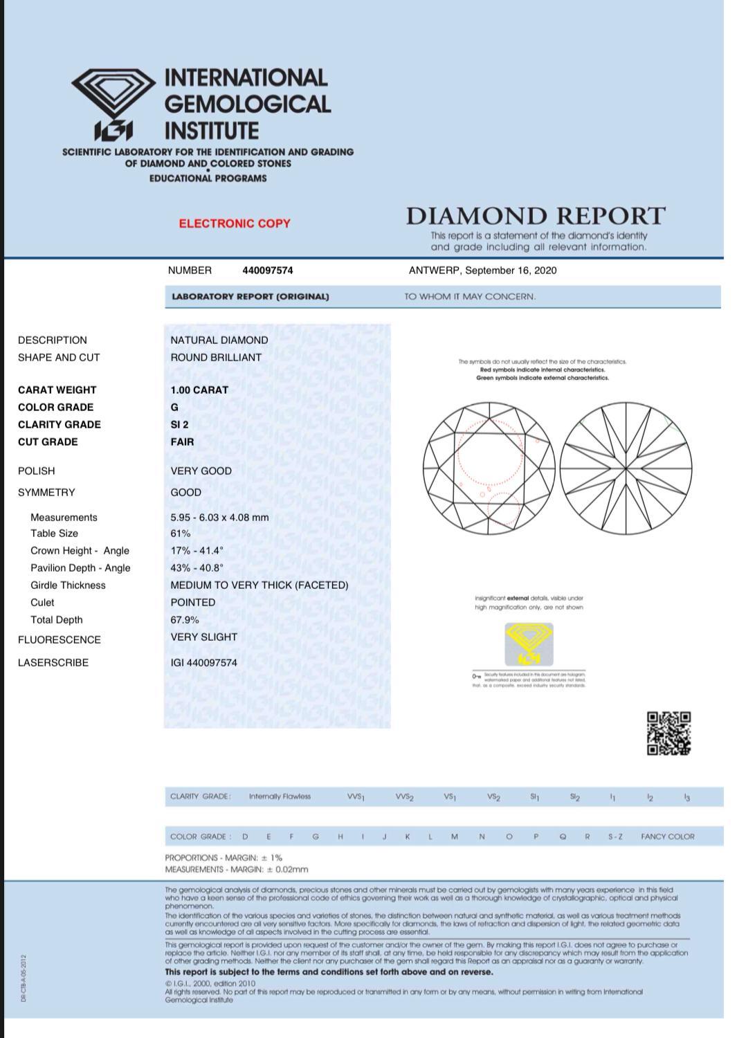 1.00 Carat G Colour Diamond Ring SI2 Clarity IGI Certified For Sale 3