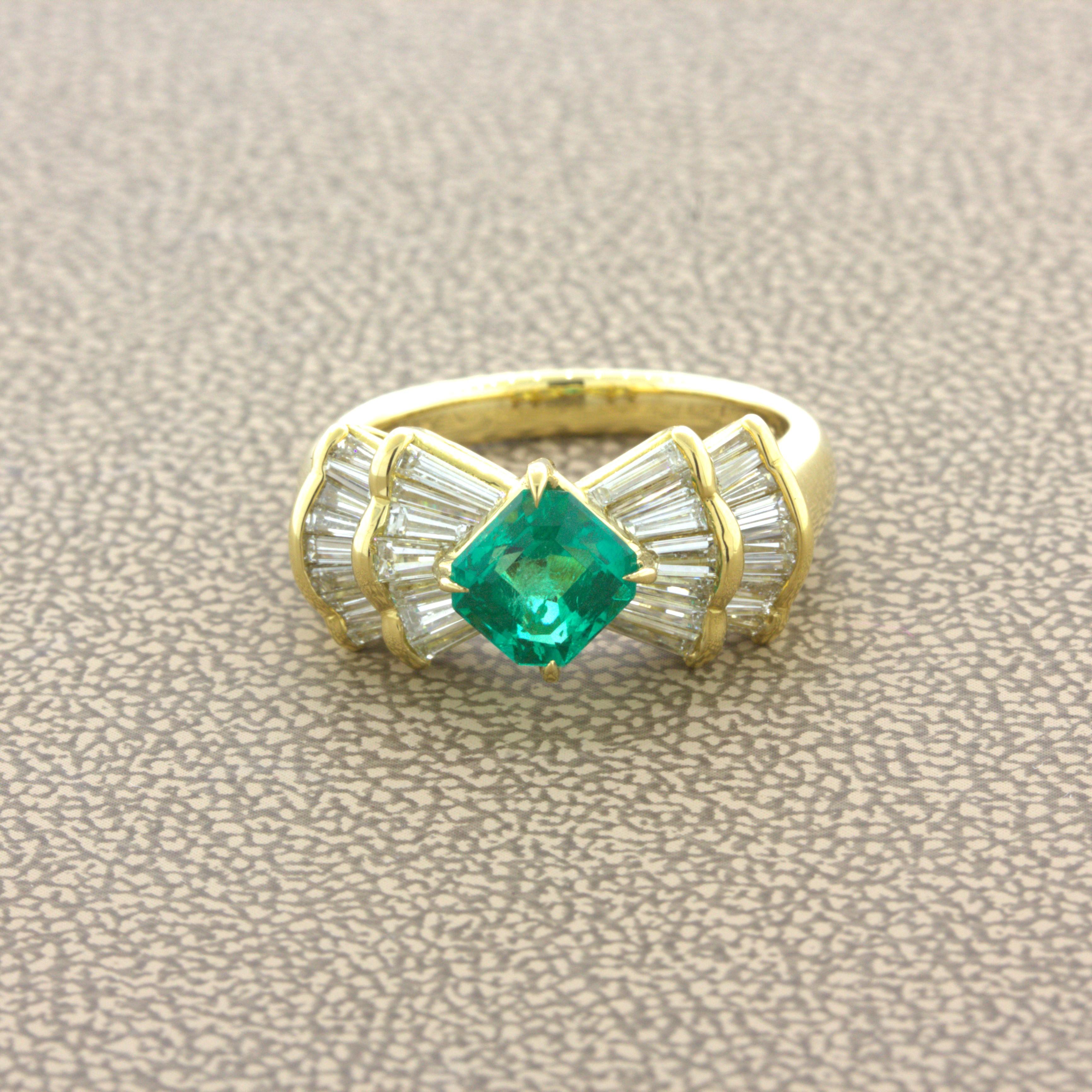 Emerald Cut 1.00 Carat Gem Emerald Diamond 18k Yellow Gold Ring For Sale