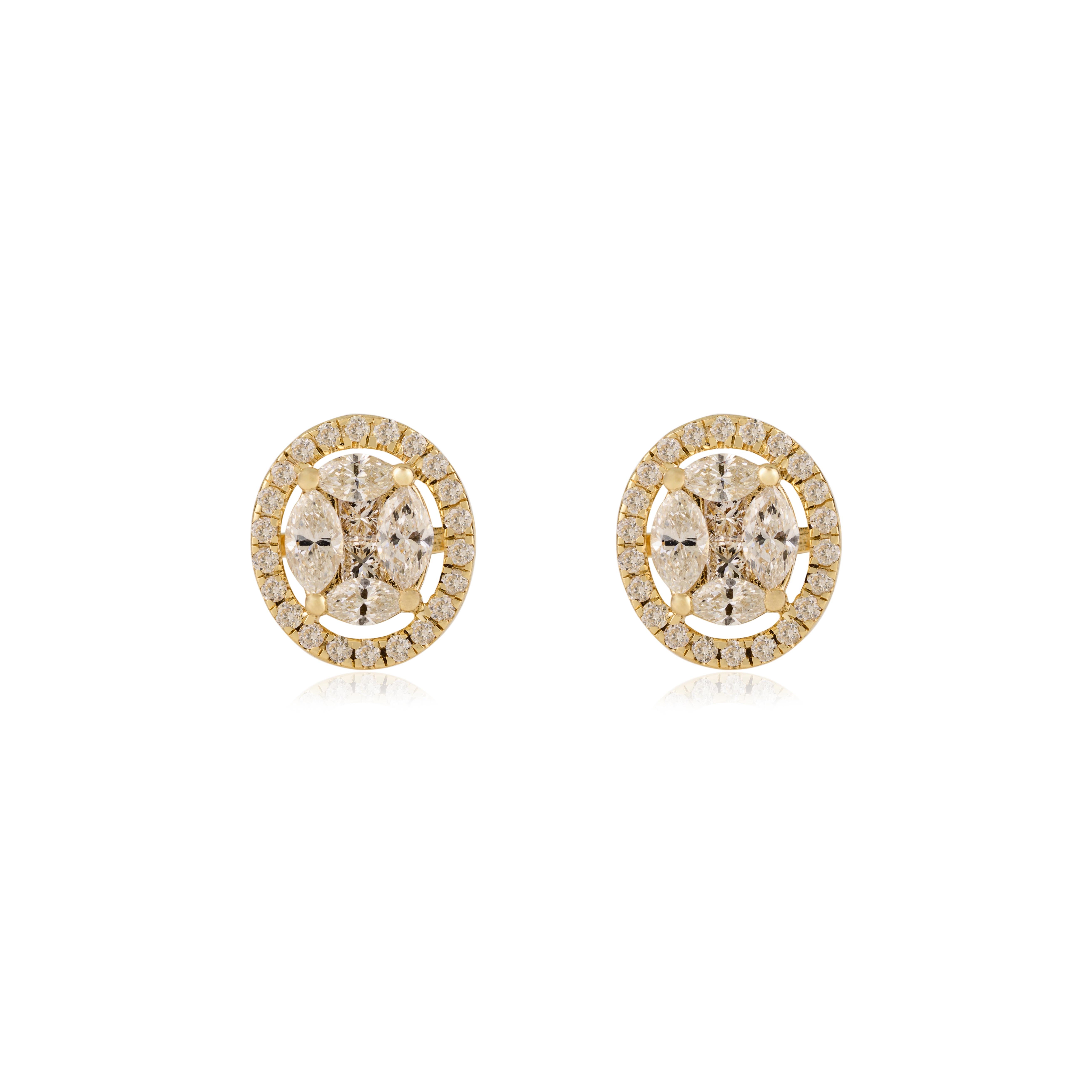 Boucles d'oreilles en or jaune 14 carats avec diamant véritable de 1,00 carat Bijoux fins en vente 3