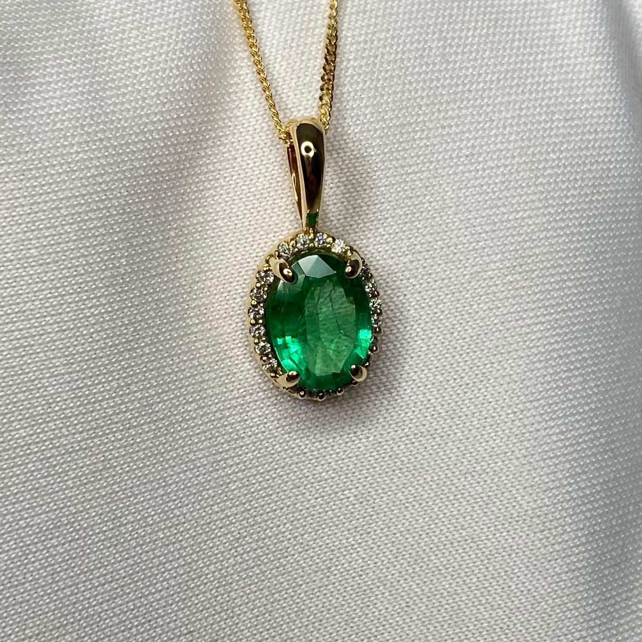 1.00 Carat Green Emerald & Diamond 18 Karat Gold Oval Cut Halo Pendant Necklace 1