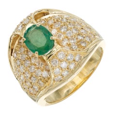 1.00 Carat Green Emerald Diamond Yellow Gold Cluster Cocktail Ring