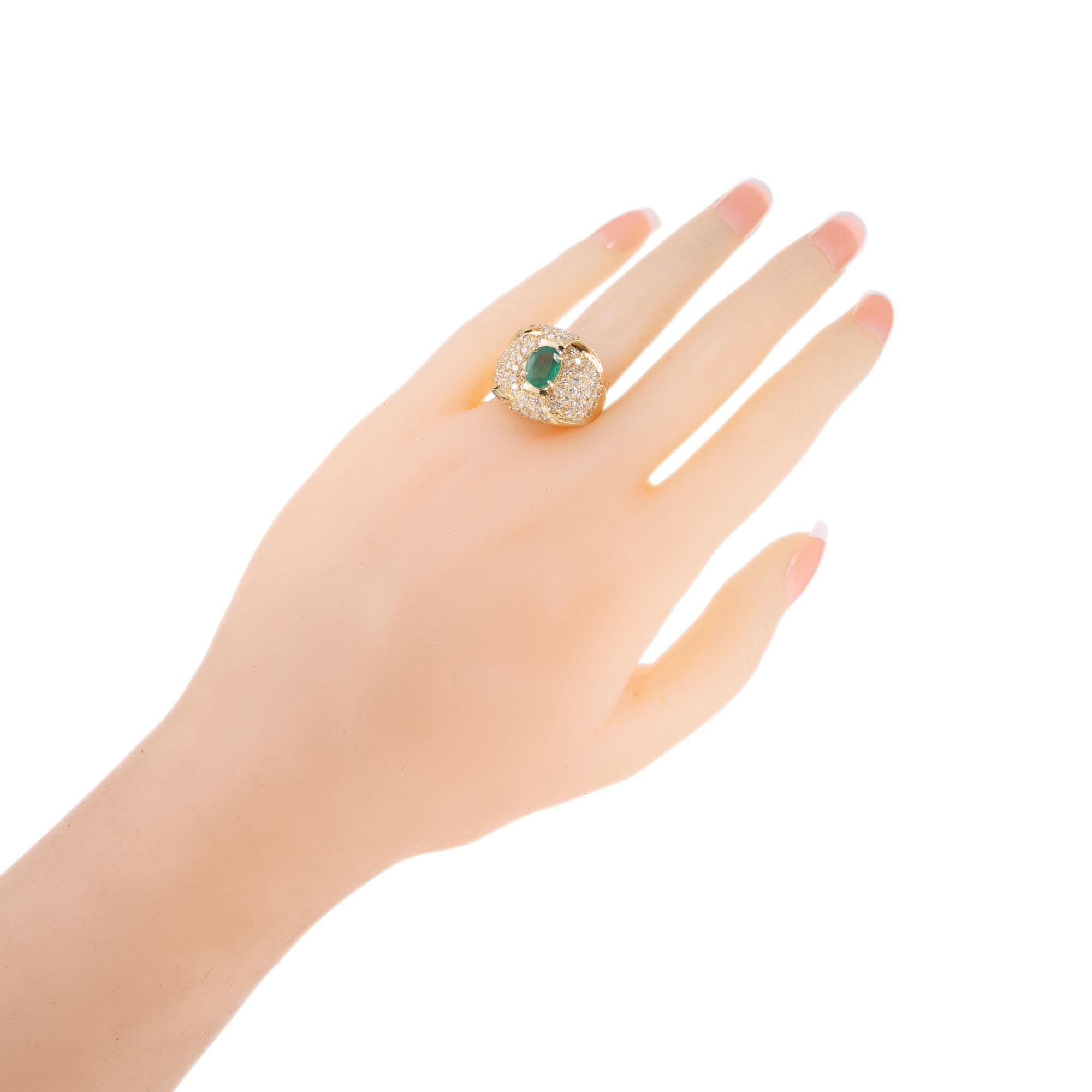 Oval Cut 1.00 Carat Green Emerald Diamond Yellow Gold Cluster Cocktail Ring For Sale