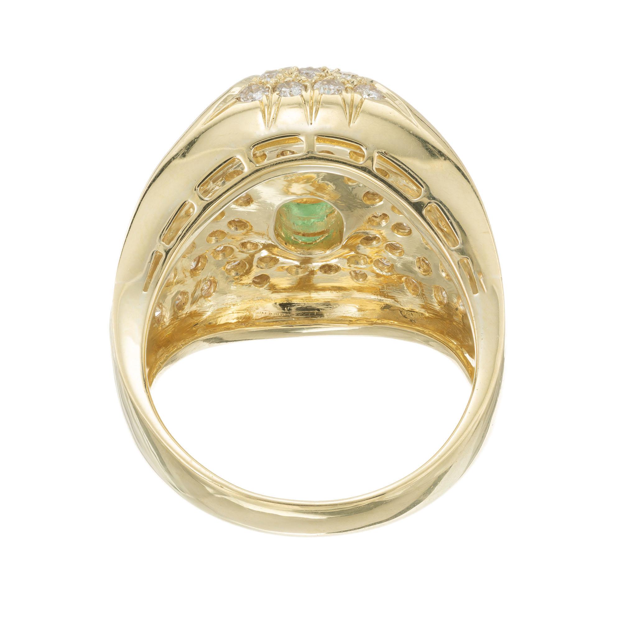 1.00 Carat Green Emerald Diamond Yellow Gold Cluster Cocktail Ring For Sale 1