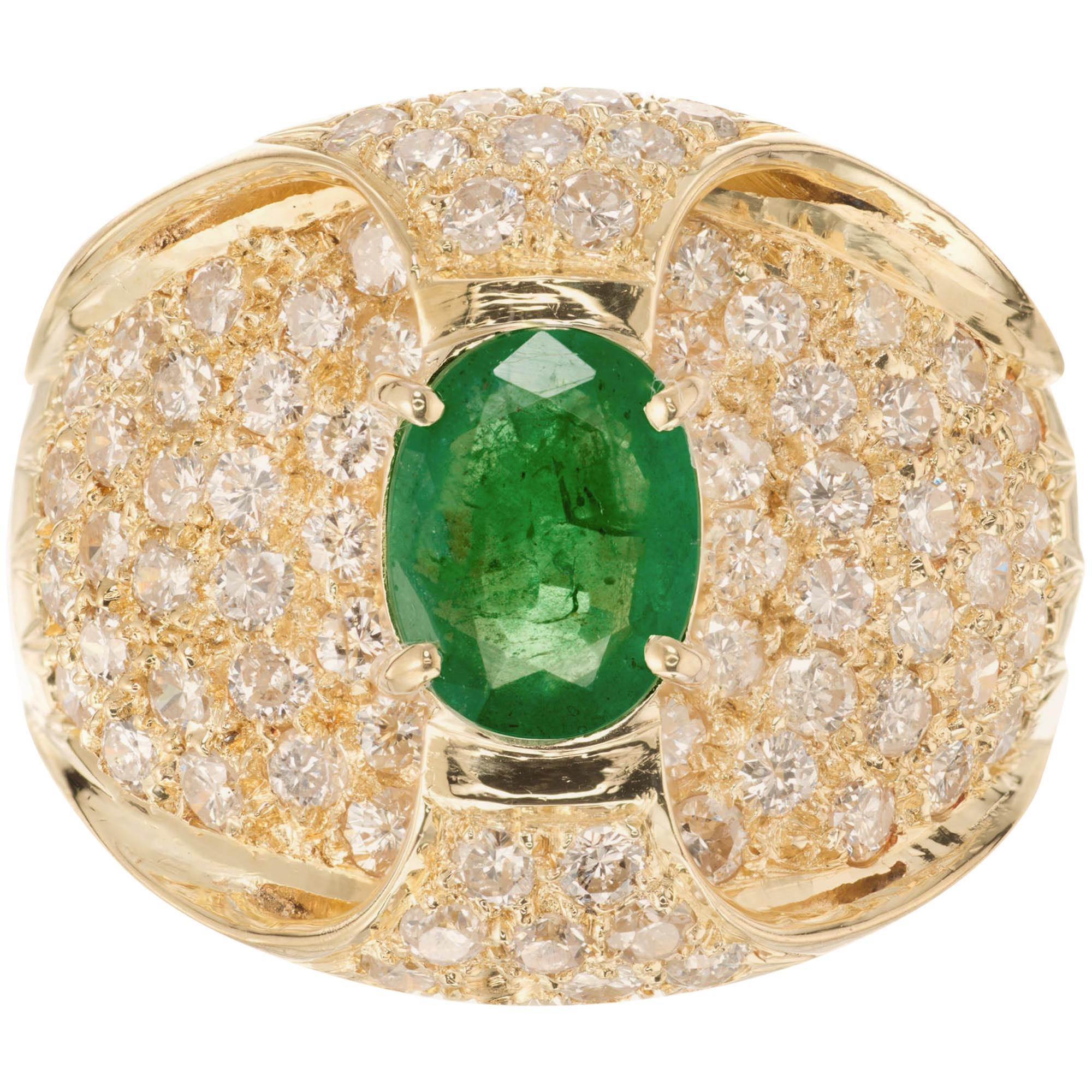1.00 Carat Green Emerald Diamond Yellow Gold Cluster Cocktail Ring